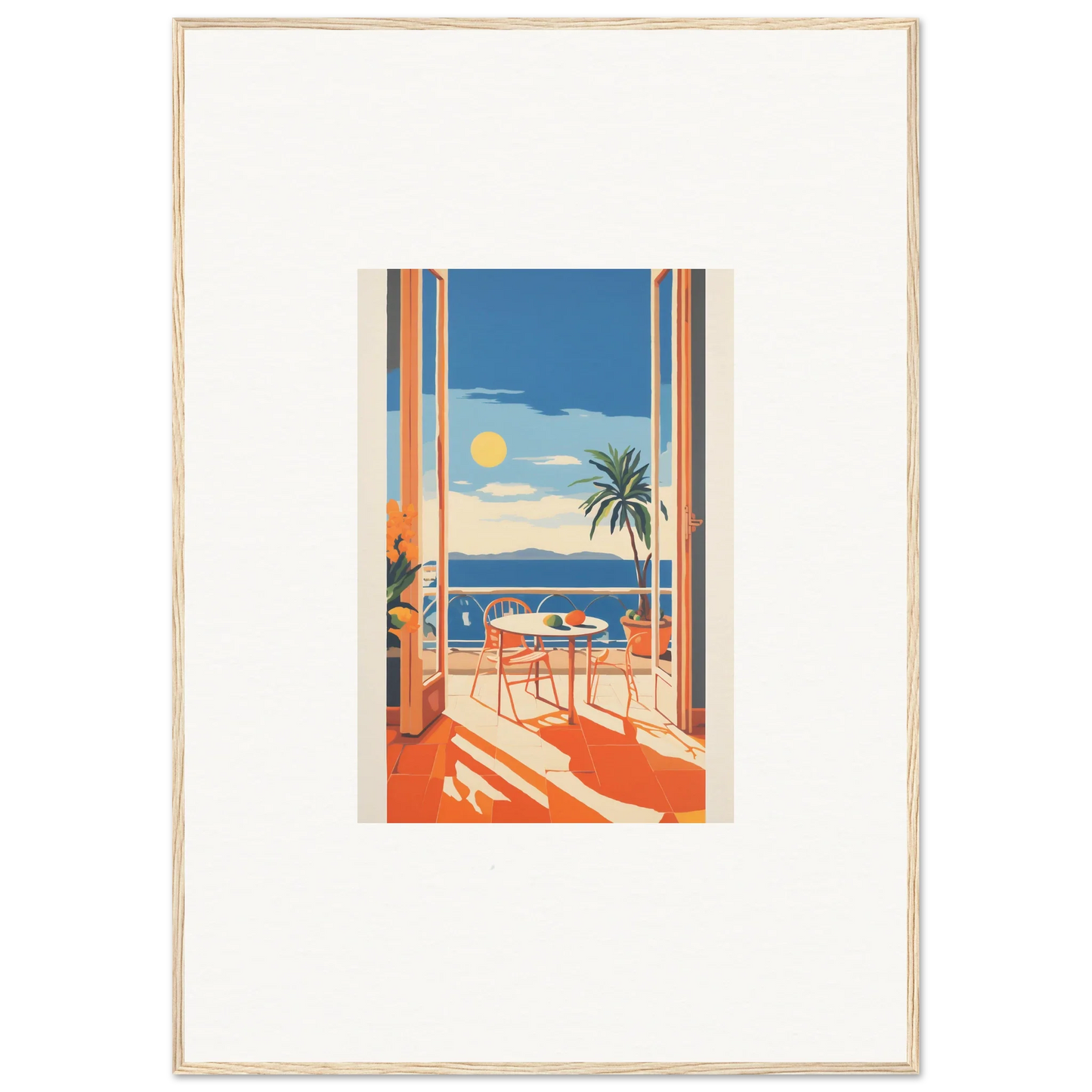 Framed poster of a sunny coastal terrace for Tranquil Mirage Brunch special edition art™