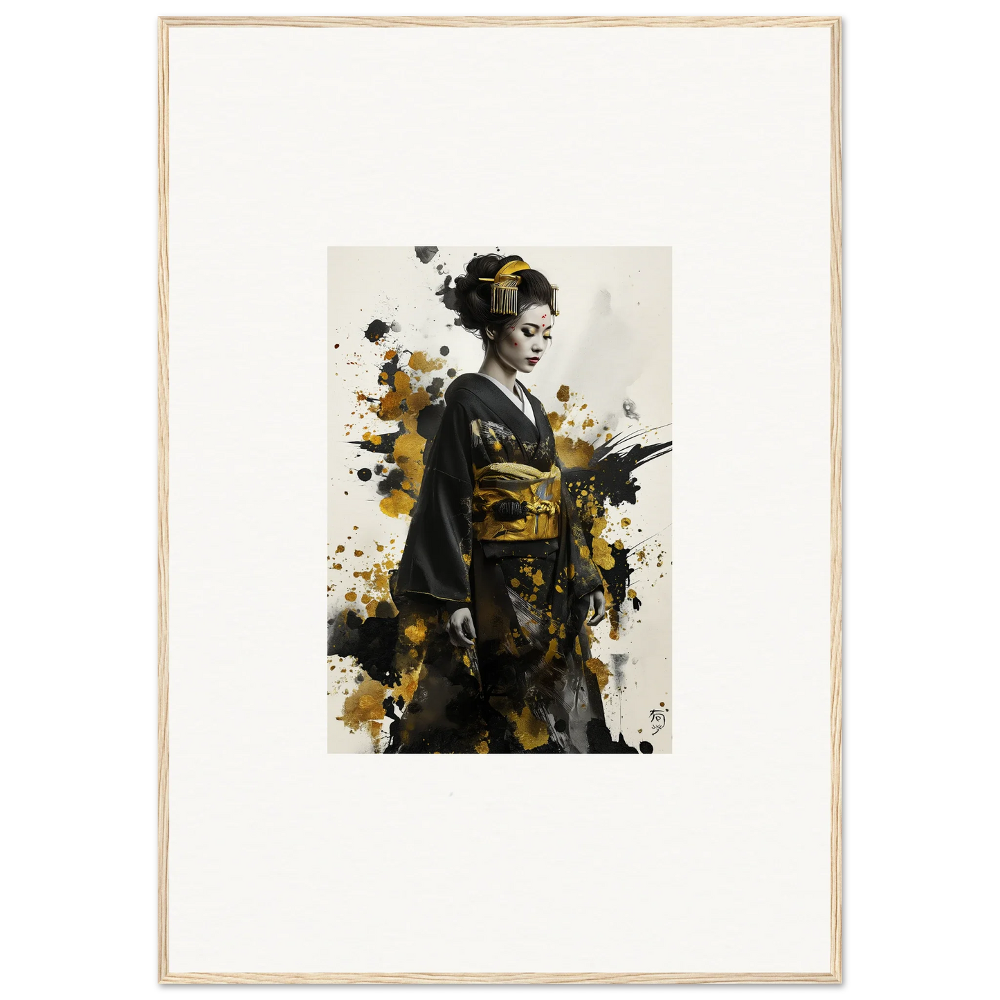 Artistic portrait of a Geisha in kimono with striking paint splatters, Eclipsed Ukiyo Symphony