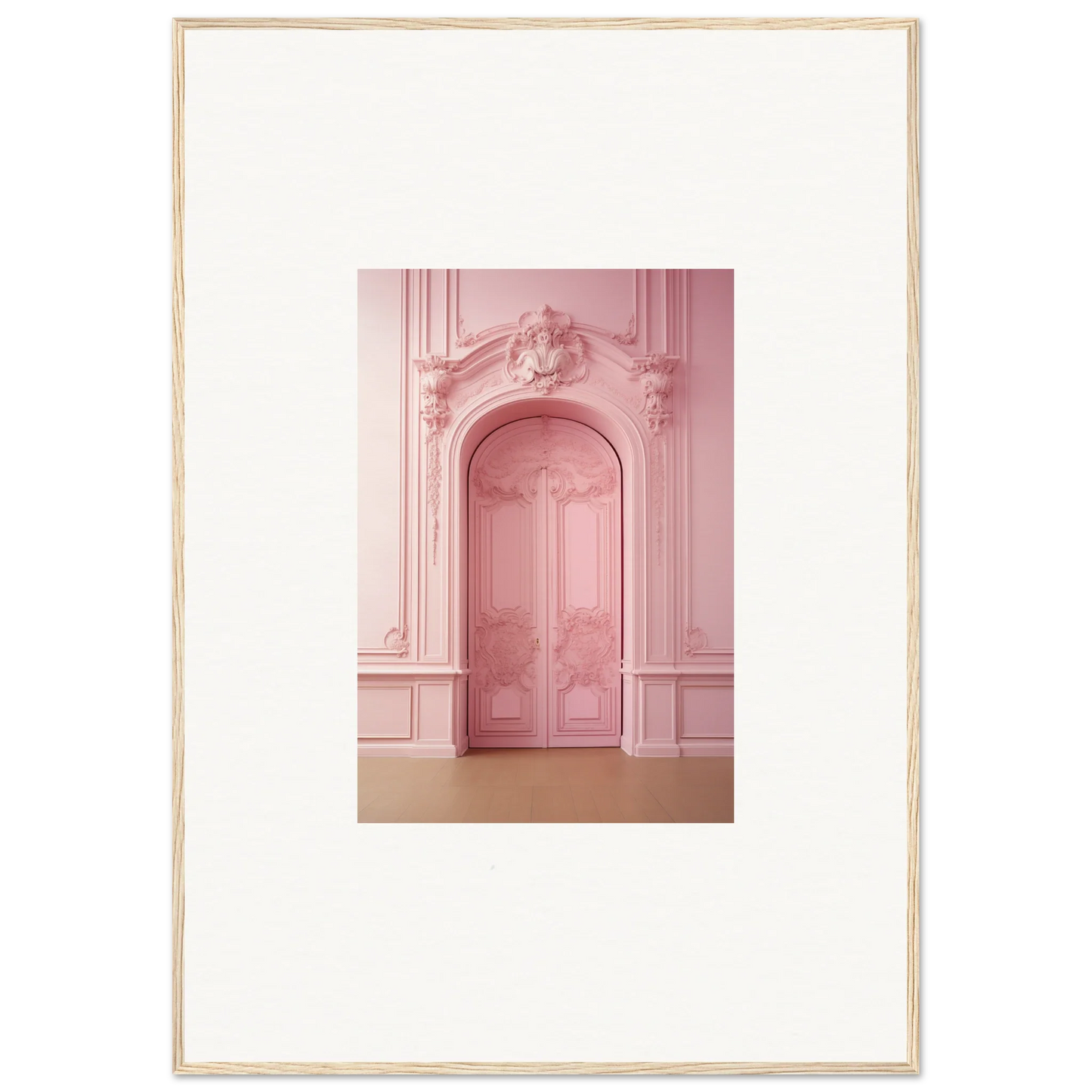 Ornate pink door with details in Gentle Whims Myths premium framed wall art