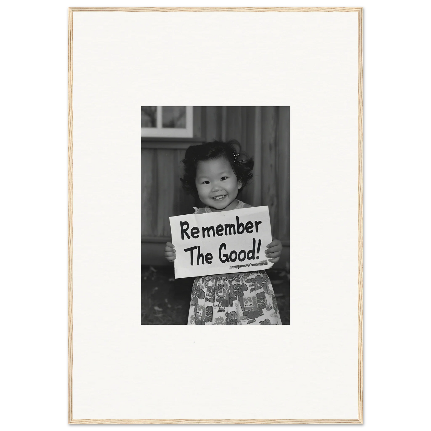 Child holding a Remember The Good sign in Essence Savor Whispers framed wall art
