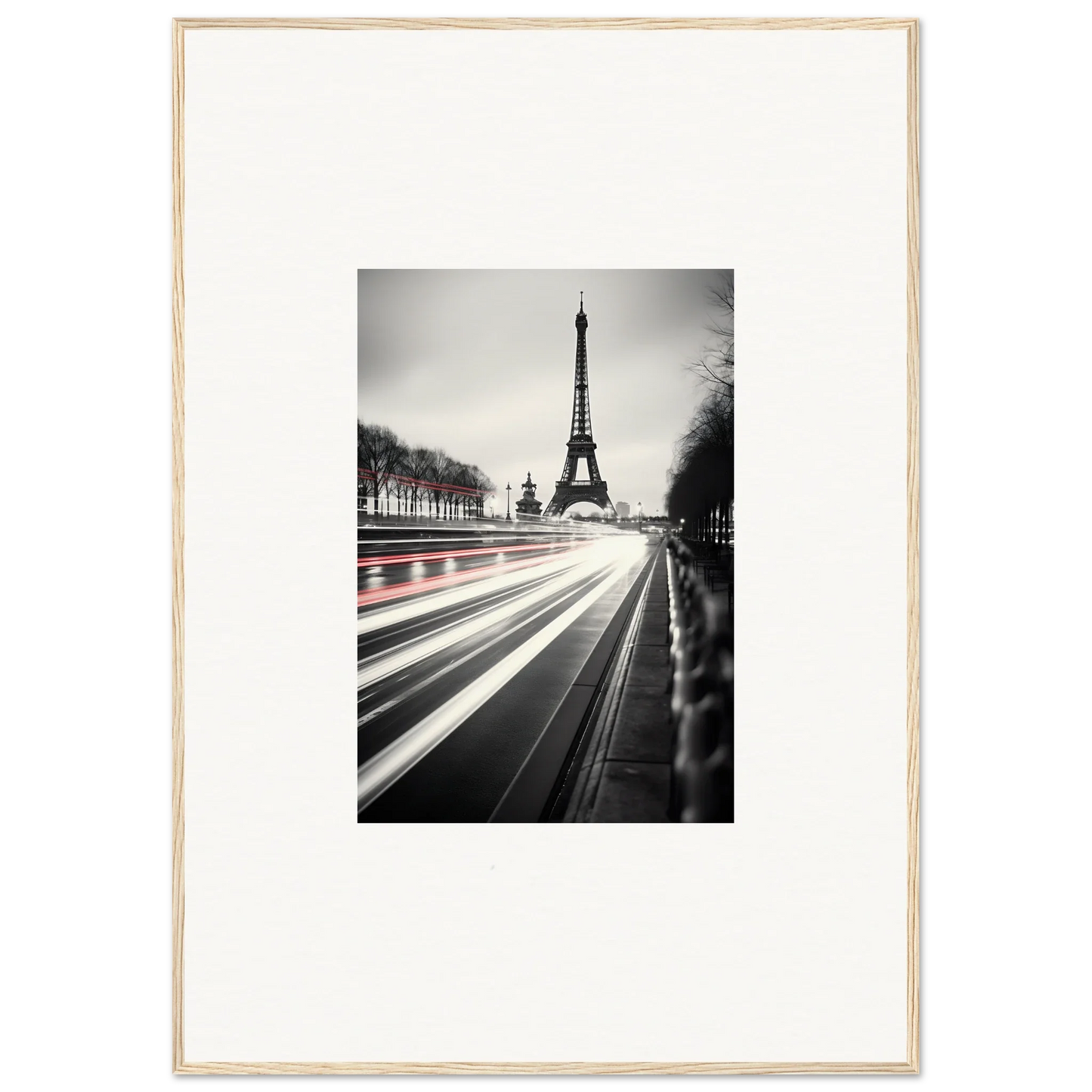 Black and white Eiffel Tower photo with light trails for Eternal Windsweep Halo art™