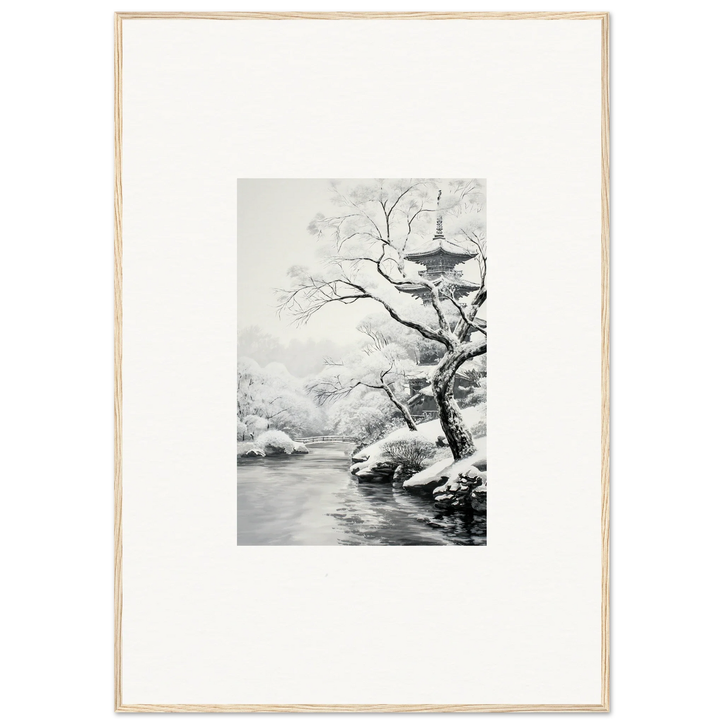 Black and white winter landscape art featuring a snowy tree near water in Metaphysical Winter Reverie