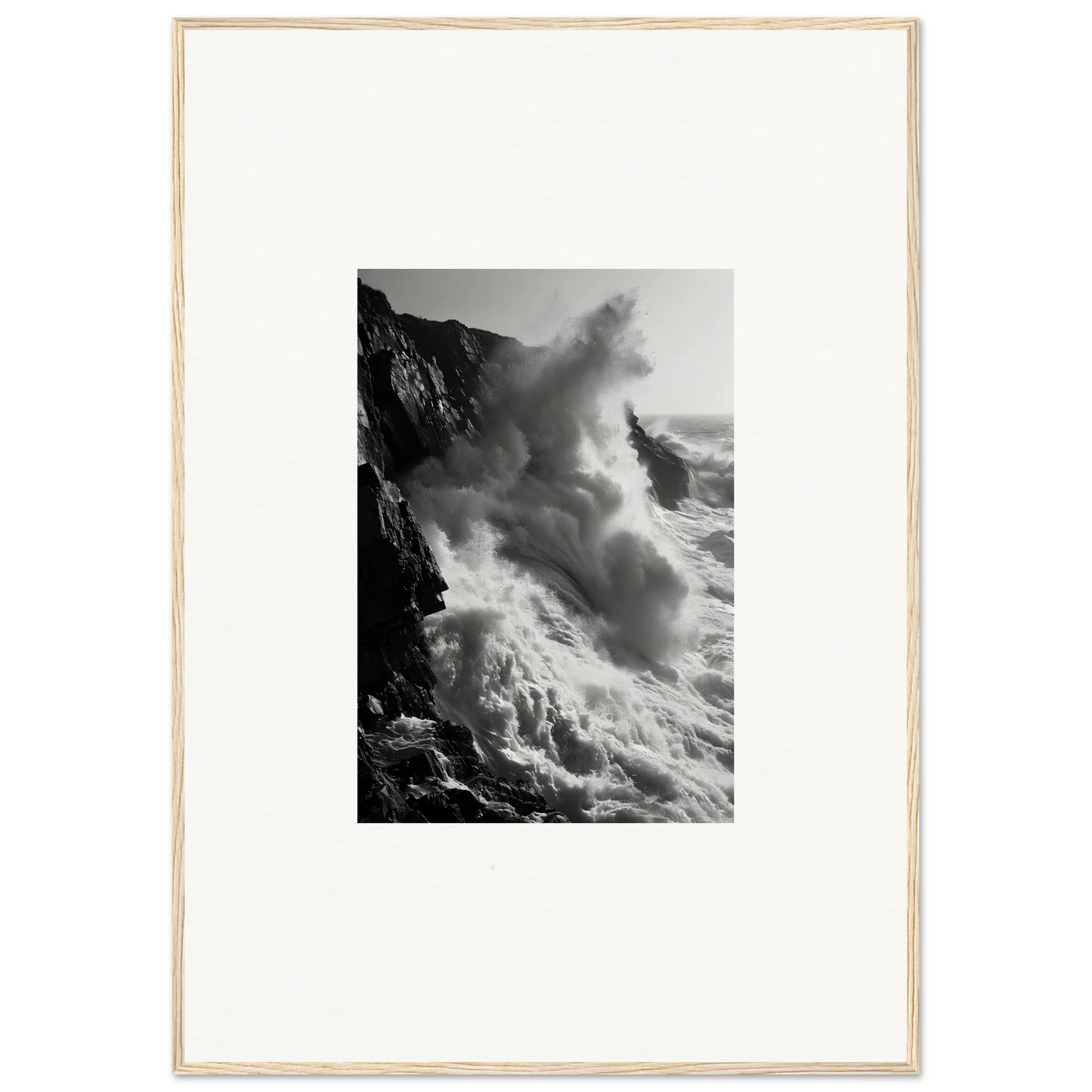 Powerful ocean waves crashing on cliffs in Ephemeral Echoes Surge framed wall art