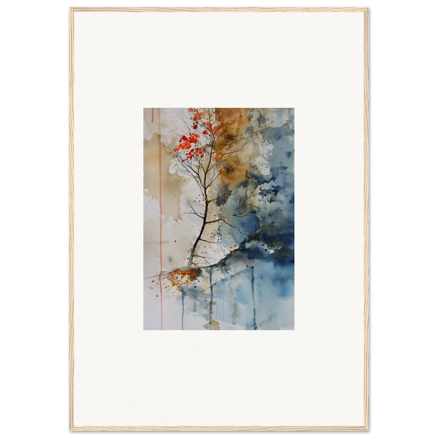 Framed watercolor wall art of a tree branch with red berries for cozy room decoration