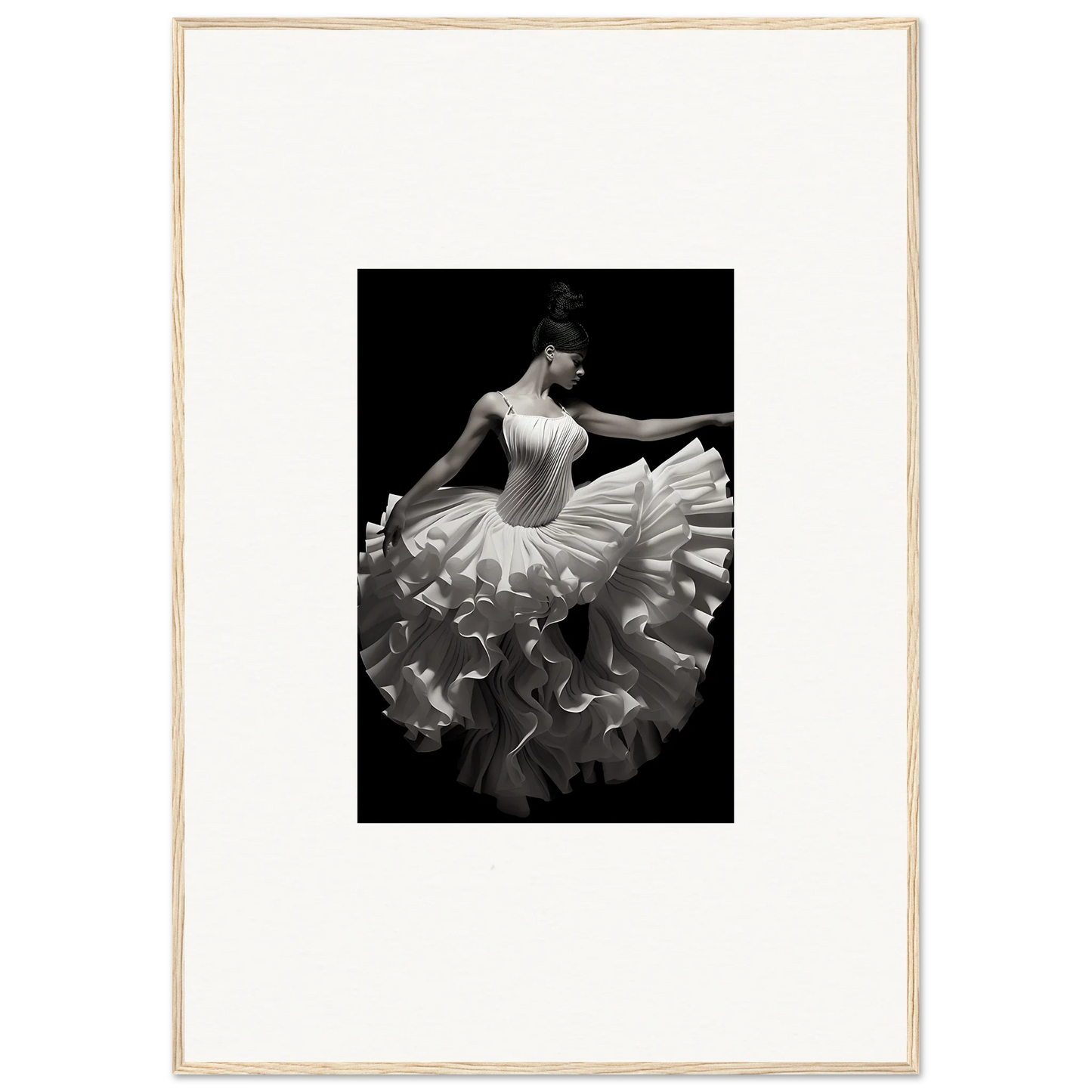 Ballerina in a flowing white tutu showcasing Gossamer Velvet Waltz art™ in black and white