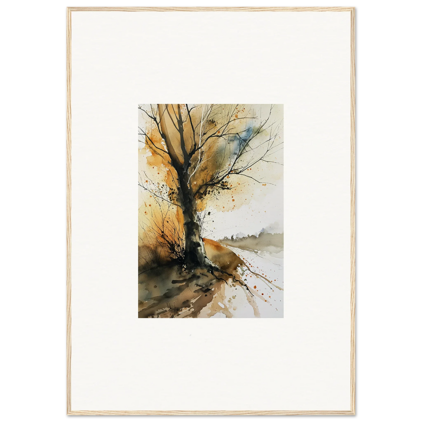 Watercolor painting of a bare tree in autumn colors, perfect for wall art or room decoration