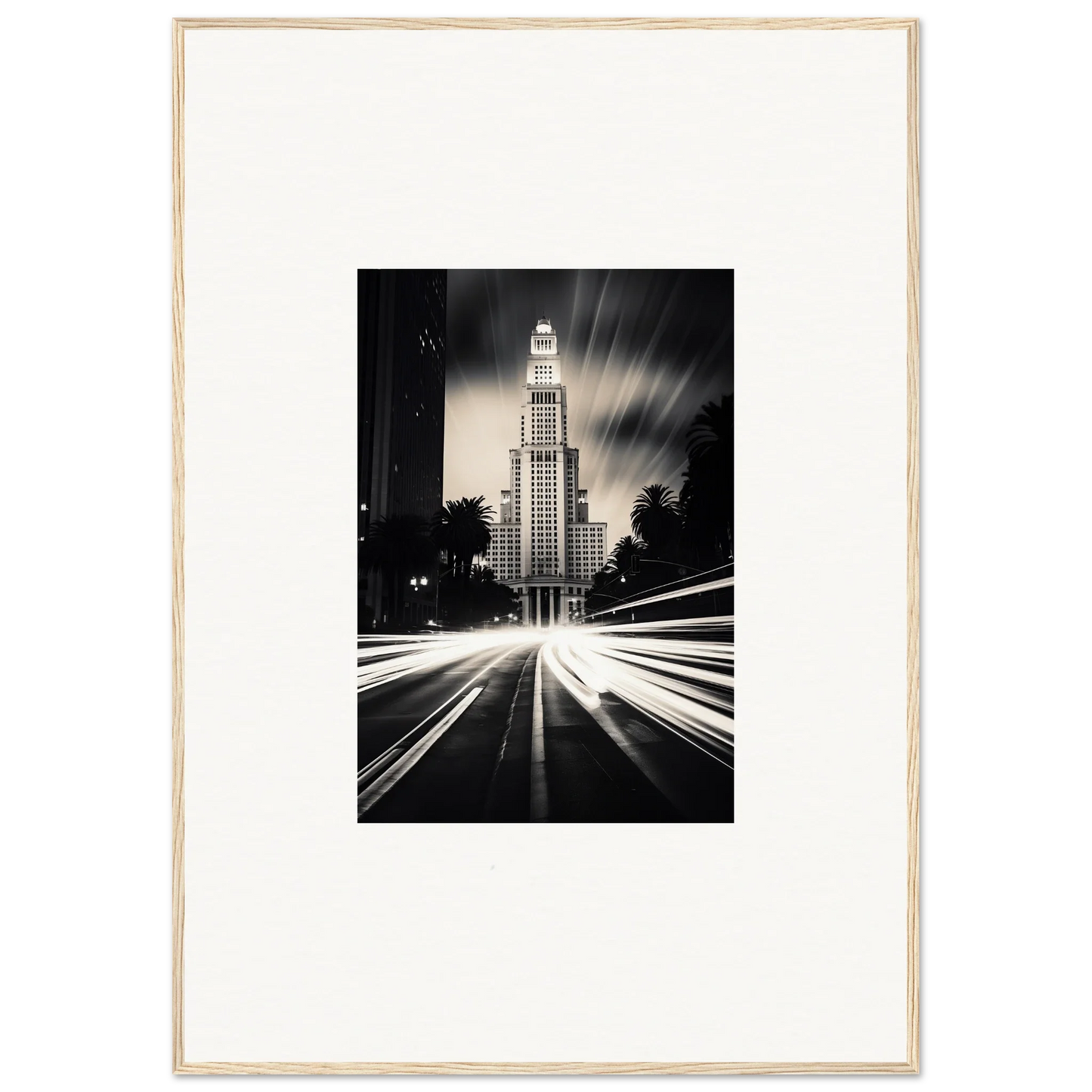 Art Deco skyscraper at night glowing with light trails, perfect for Luminescent Metropolis Beacon