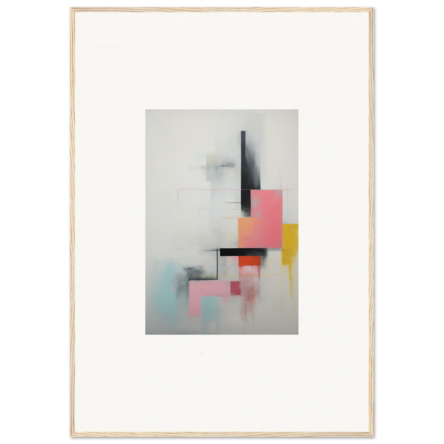 Abstract geometric art in soft pink, yellow, and black for Ethereal Chrome Juxtaposition