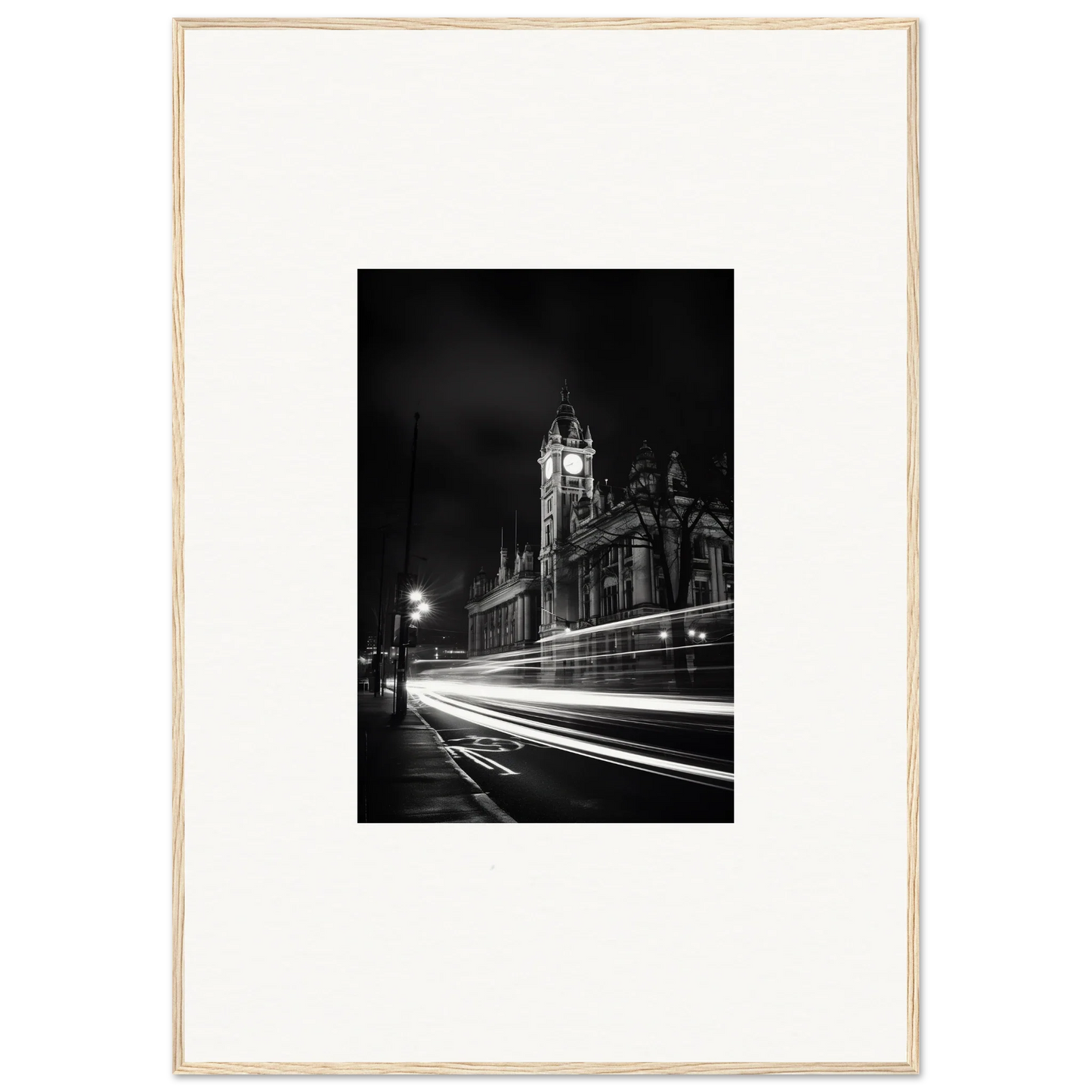 Black and white Gothic church night shot with light trails in Temporal Phantasm Glide framed art