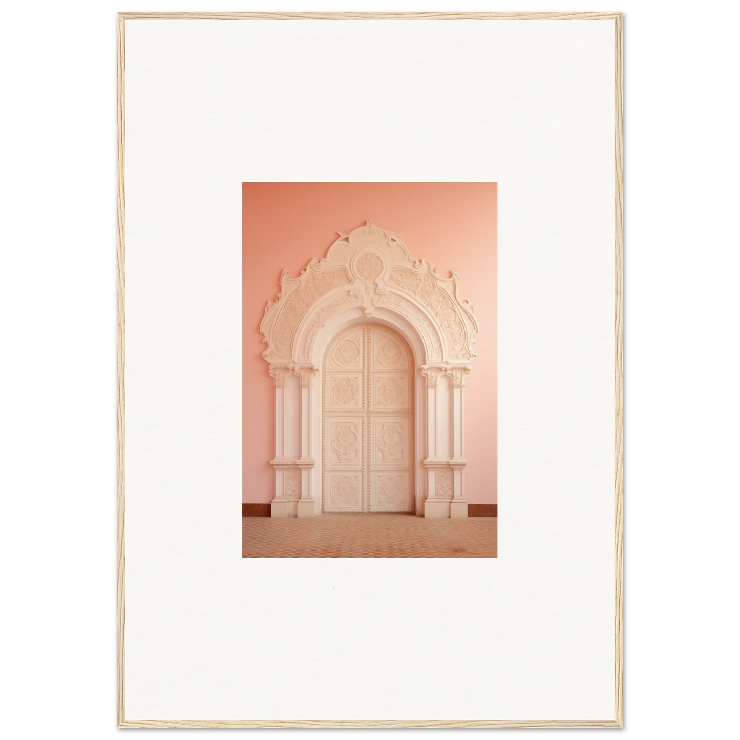 Ornate arched doorway in pale pink, perfect for Patio Reverie Sleutelenv framed wall art