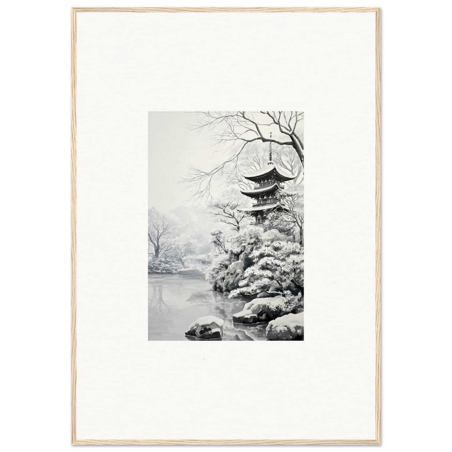 Black and white ink painting of a Japanese pagoda in winter for Crystallized Blossom Oasis