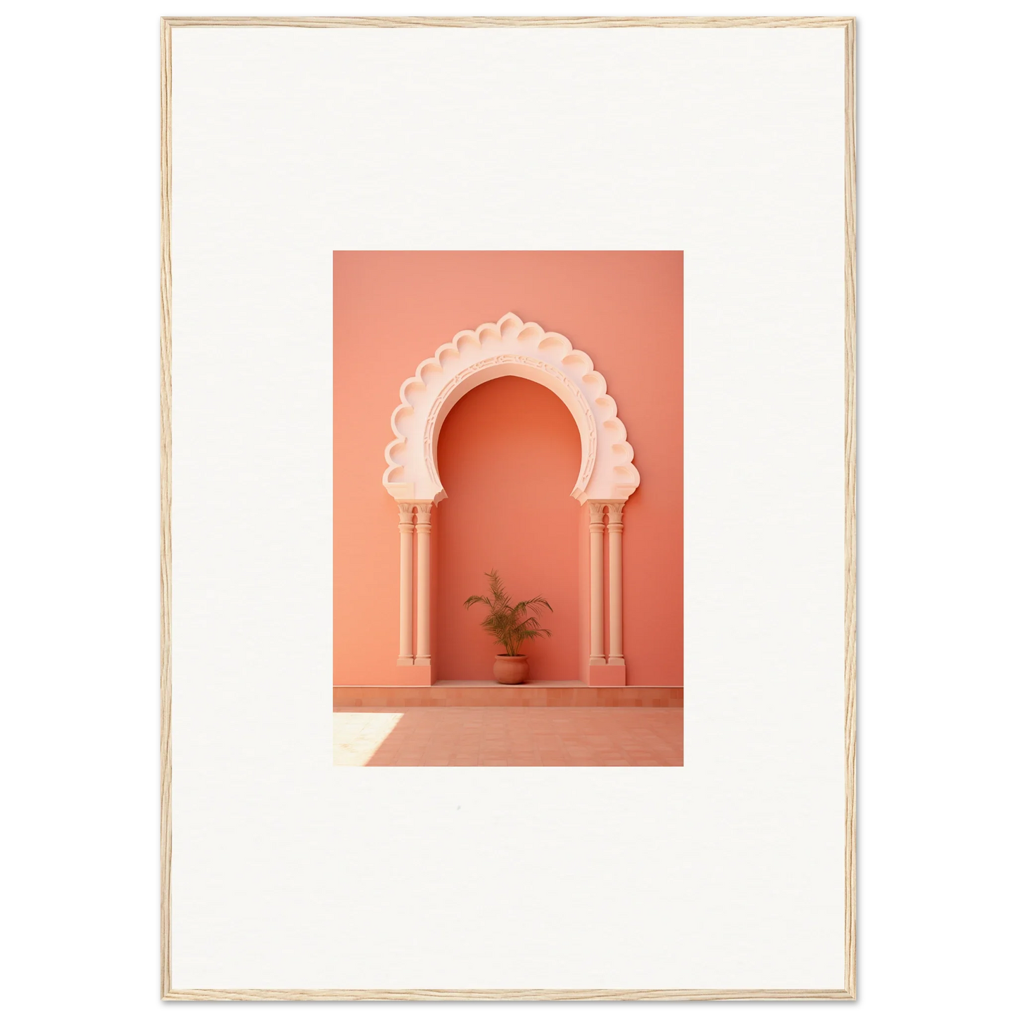 Coral-colored narco Échappatoire portal arch with scalloped edges and potted plant