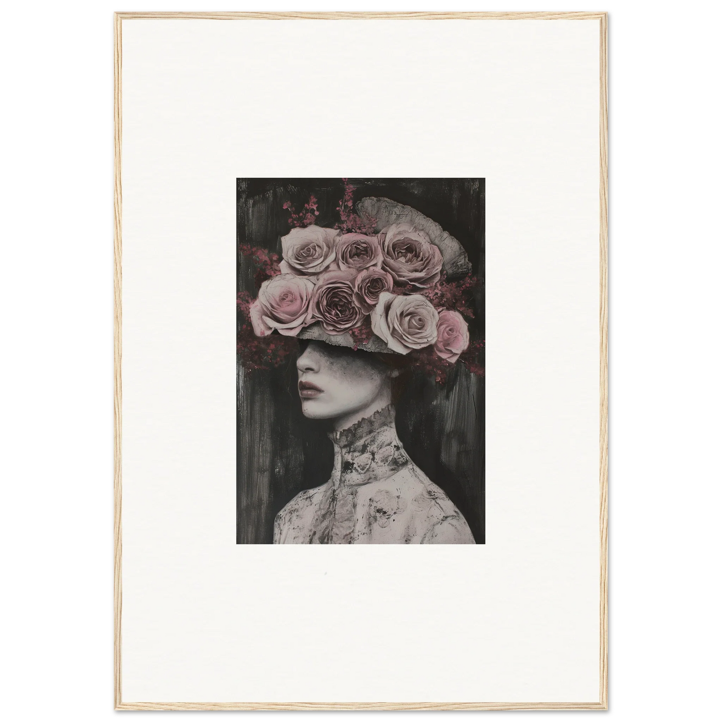 Artistic portrait of pink roses as a hat atop an elegant collar for Floral Odyssey Veil