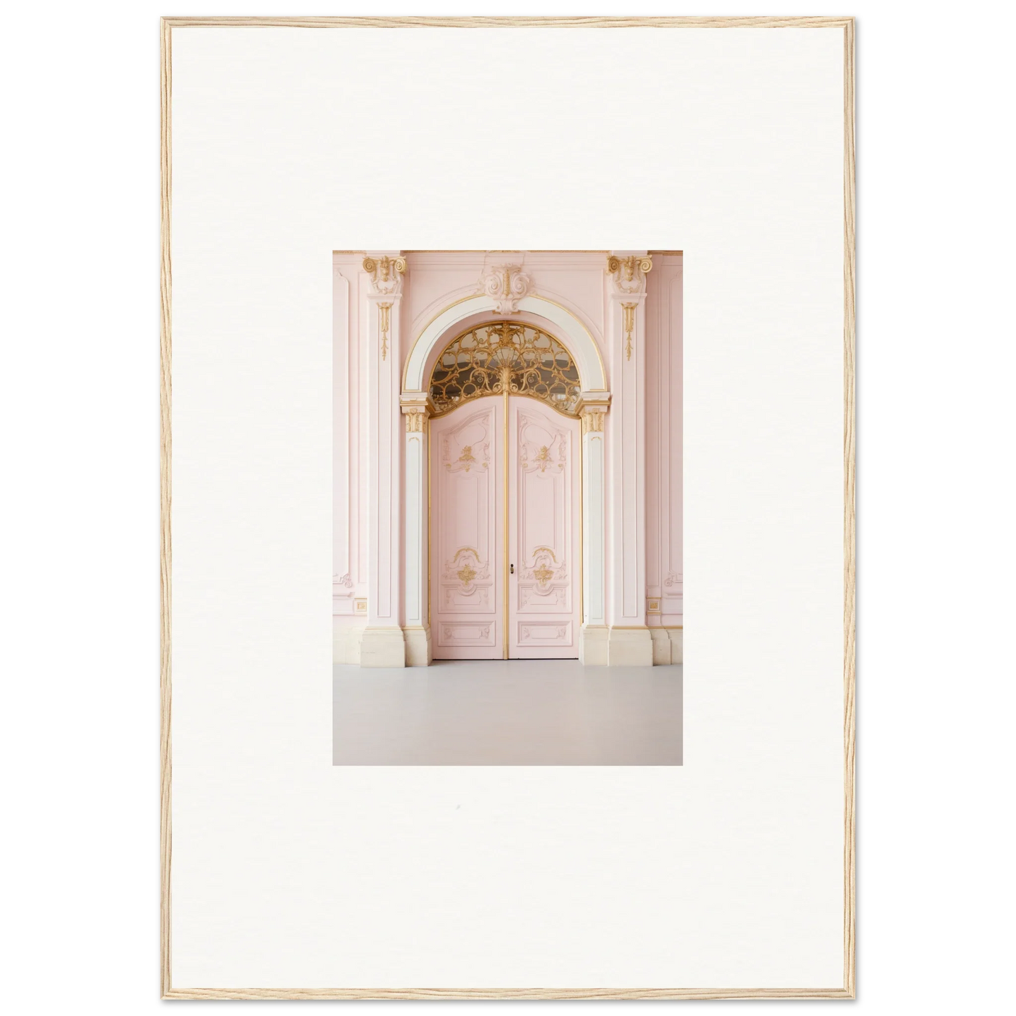 Ornate pink double door design in Regal Must premium framed wall art with baroque details