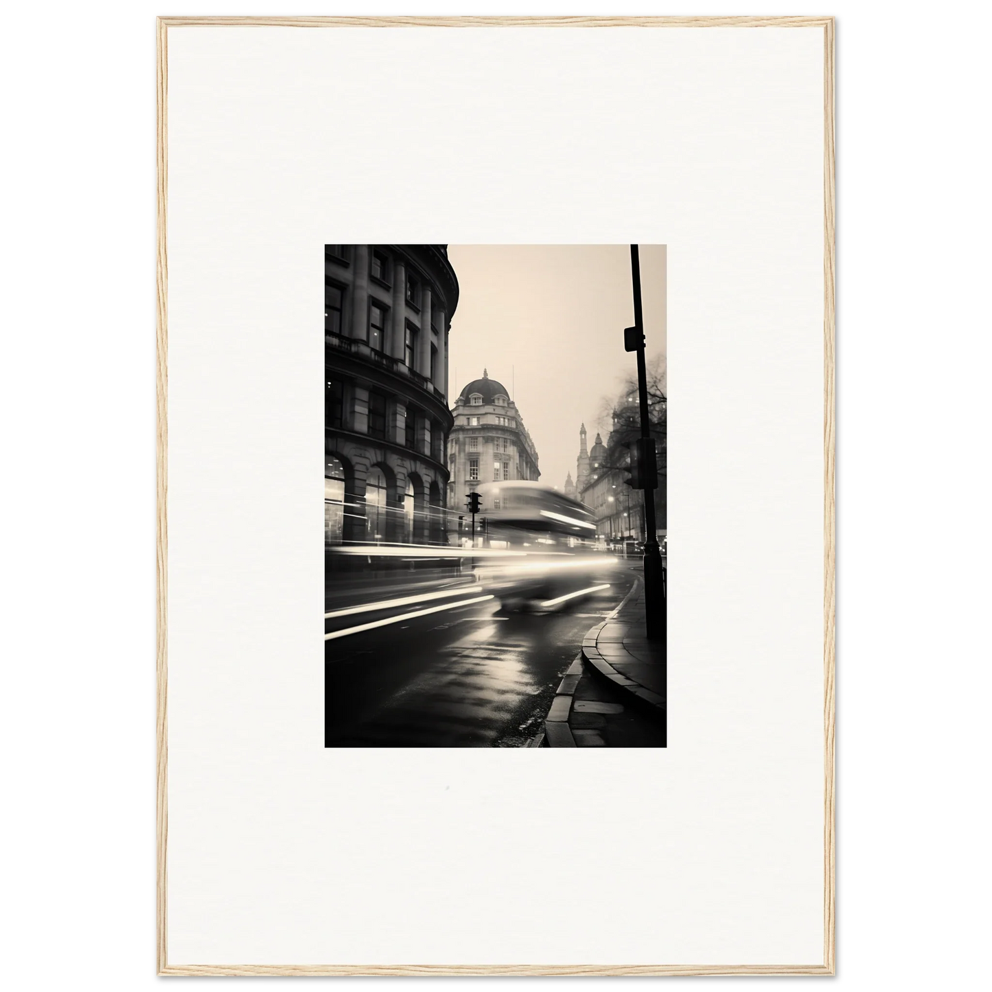 Black and white rainy city street with blurred lights in Ethereal Citypulse Reverie