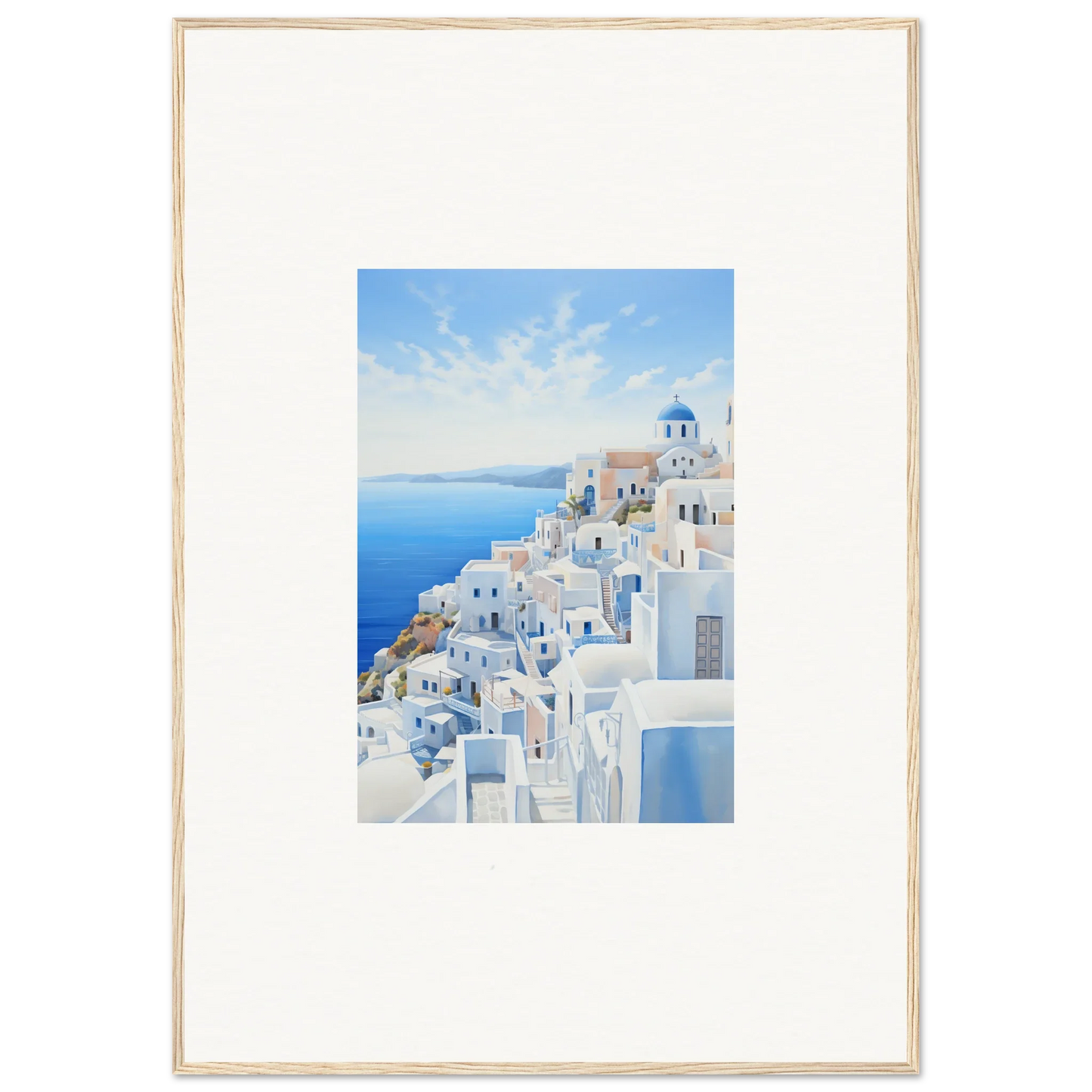 Framed premium wall art of Santorini’s white buildings and blue domes in Dreams Overlapping Reality