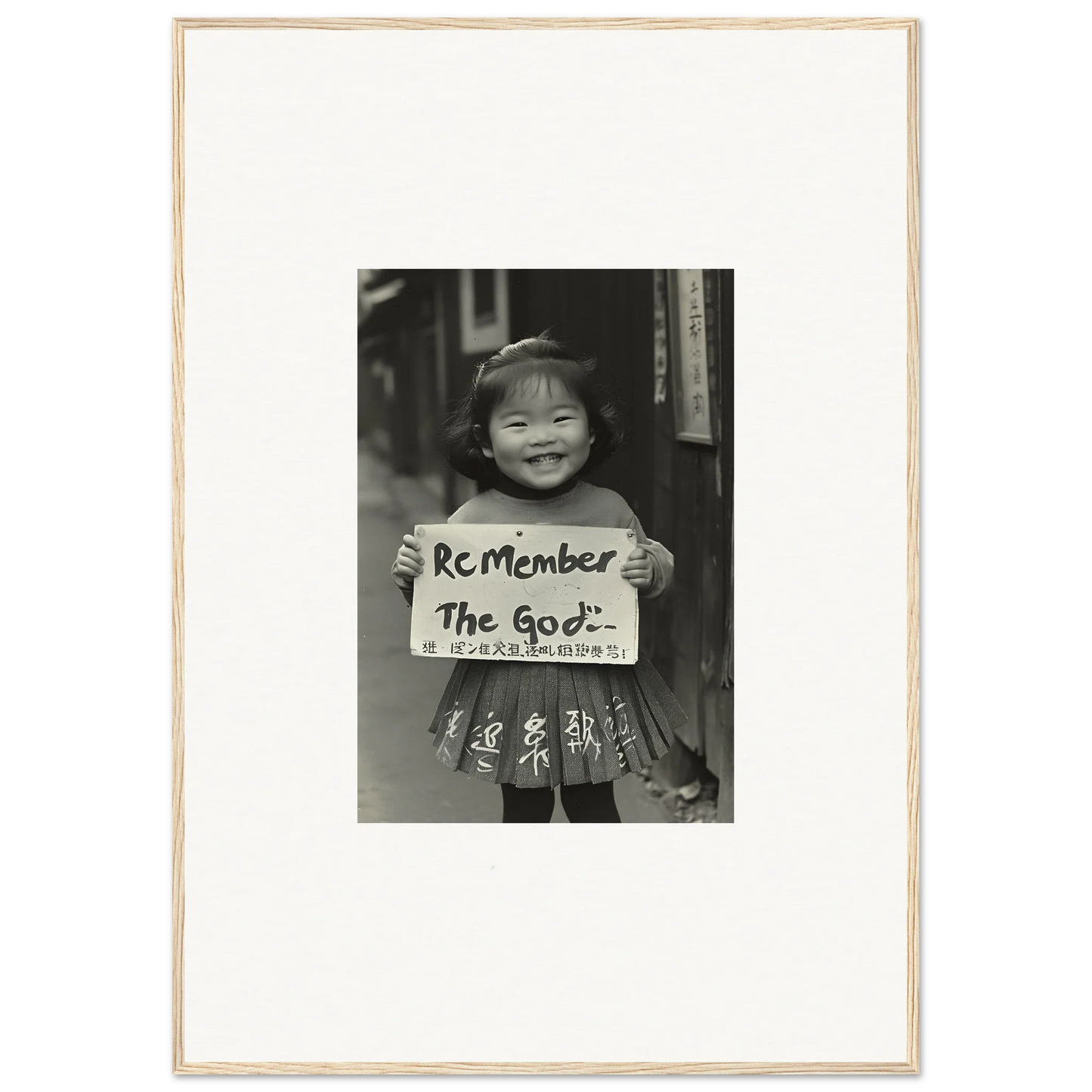 Child holding a sign saying Remember the 80s in Sacred Smile Echoes framed wall art
