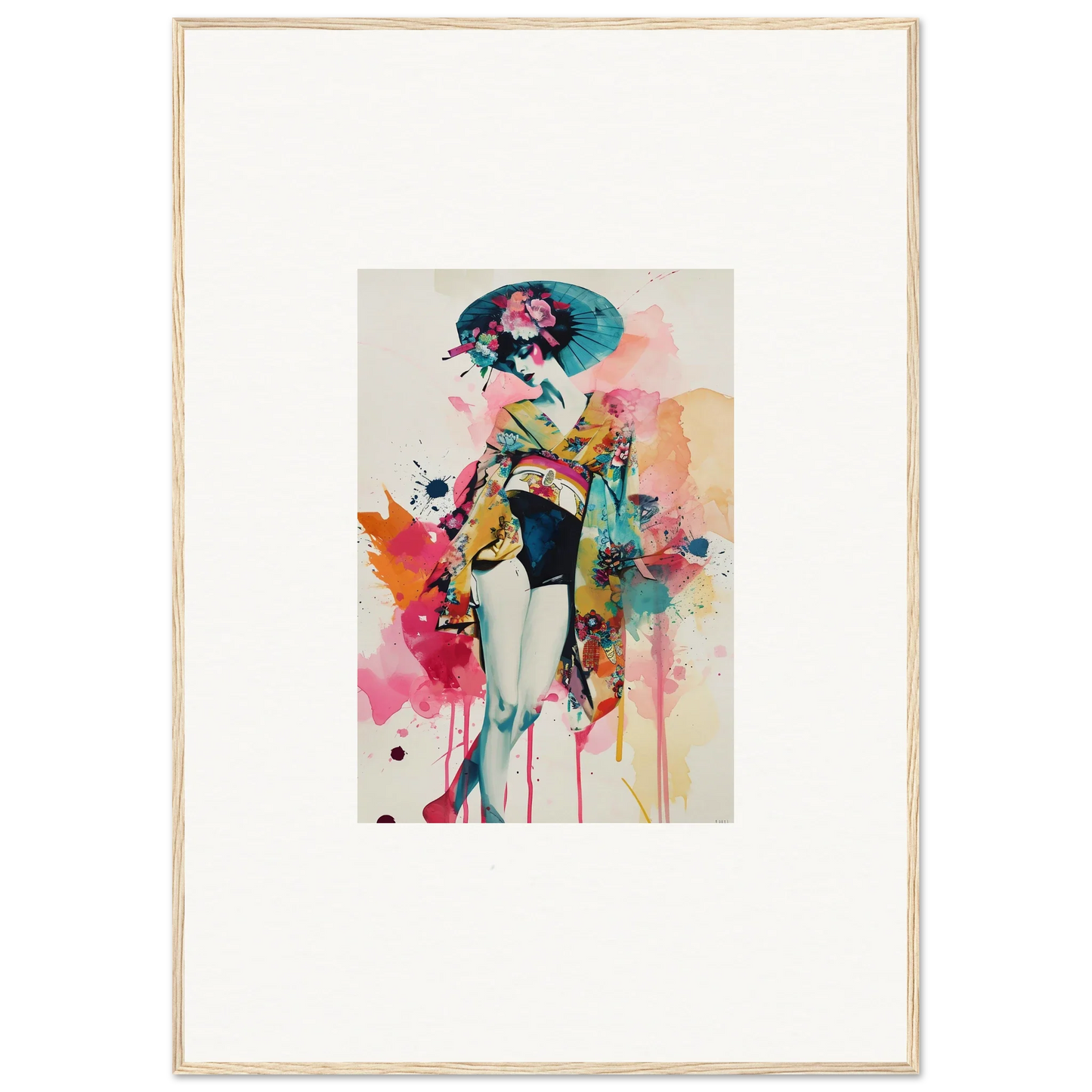 Colorful abstract canvas print of a stylish female in a hat and floral kimono for wall art