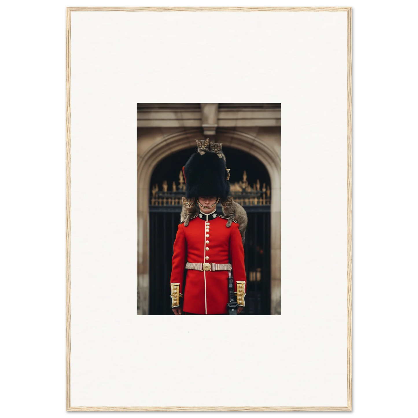 Queen’s Guard in red uniform and bearskin hat for Monarch’s Dreamaroos premium framed wall art