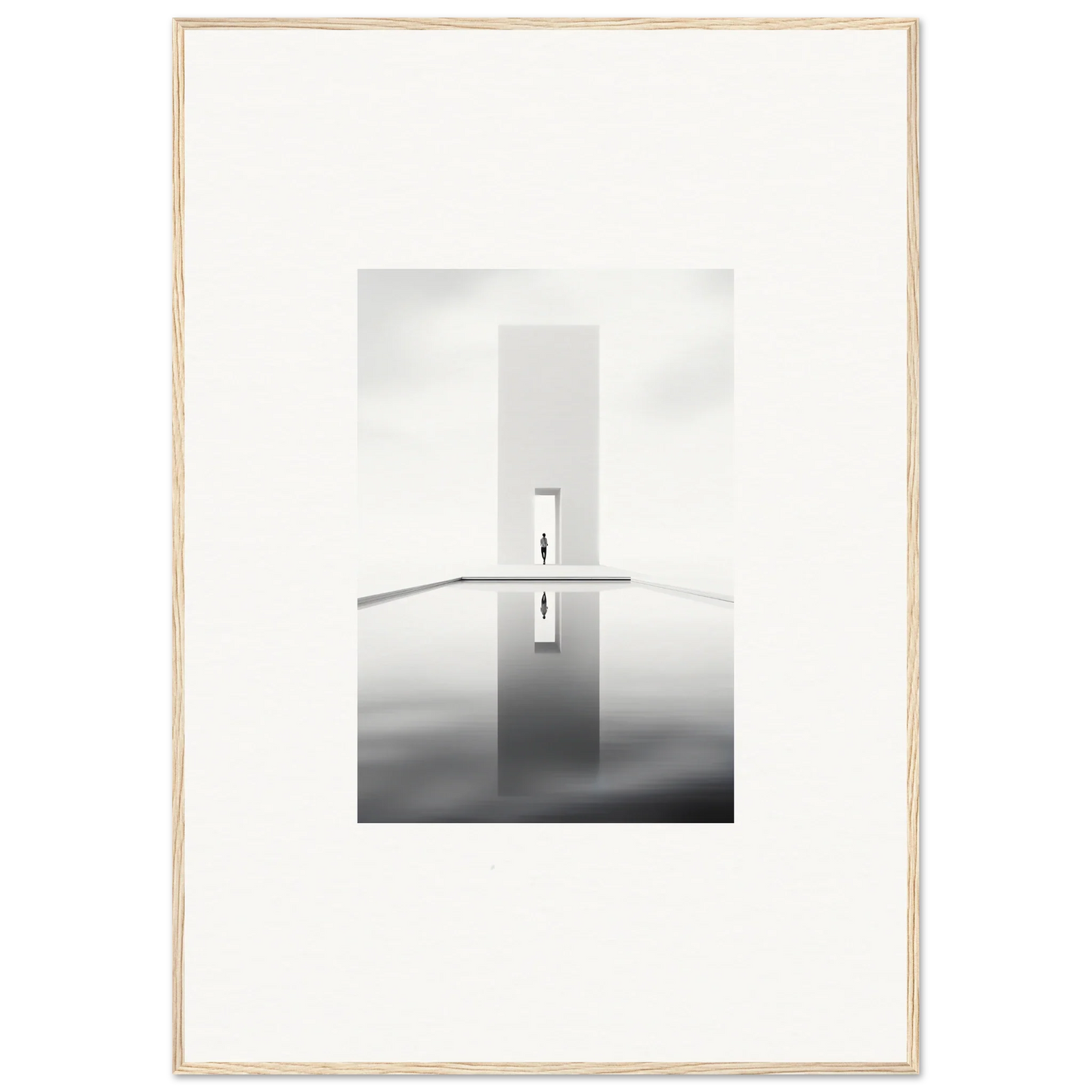 Minimalist black and white doorway reflection in water, Dreamer’s Vanishing Silhouette art