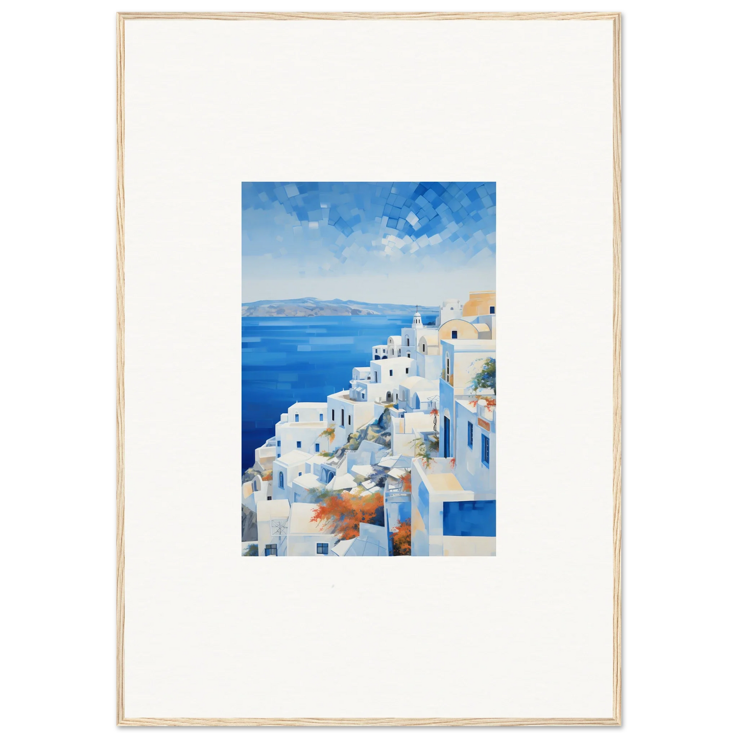 Watercolor painting of Santorini’s white buildings for Ethereal Azure Echoes art