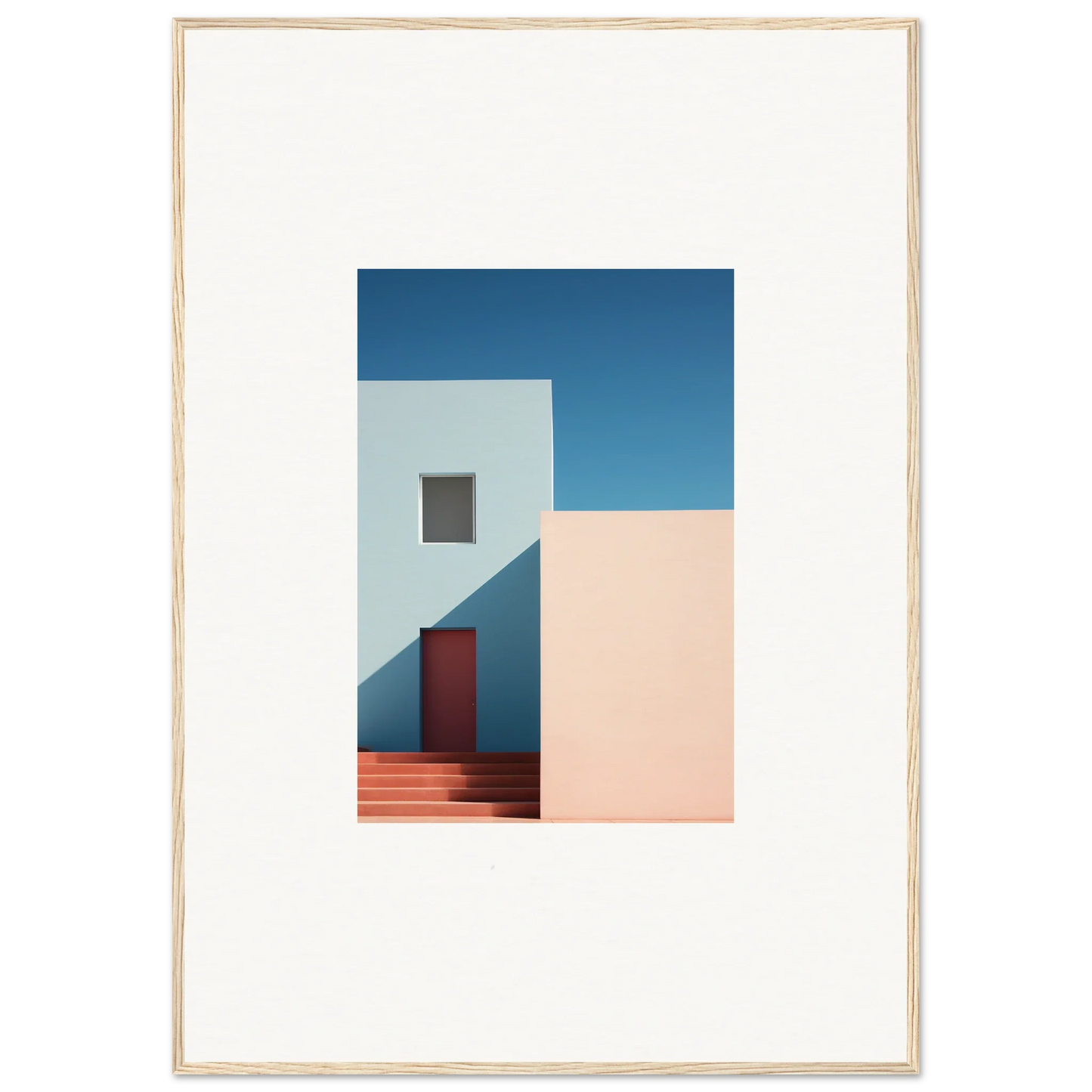 Minimalist architecture print of a white building with red door for premium framed wall art