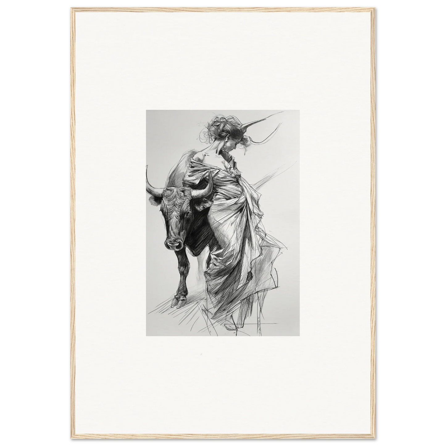 Black and white sketch of a person in robes dancing flamenco with a bull, special edition art™