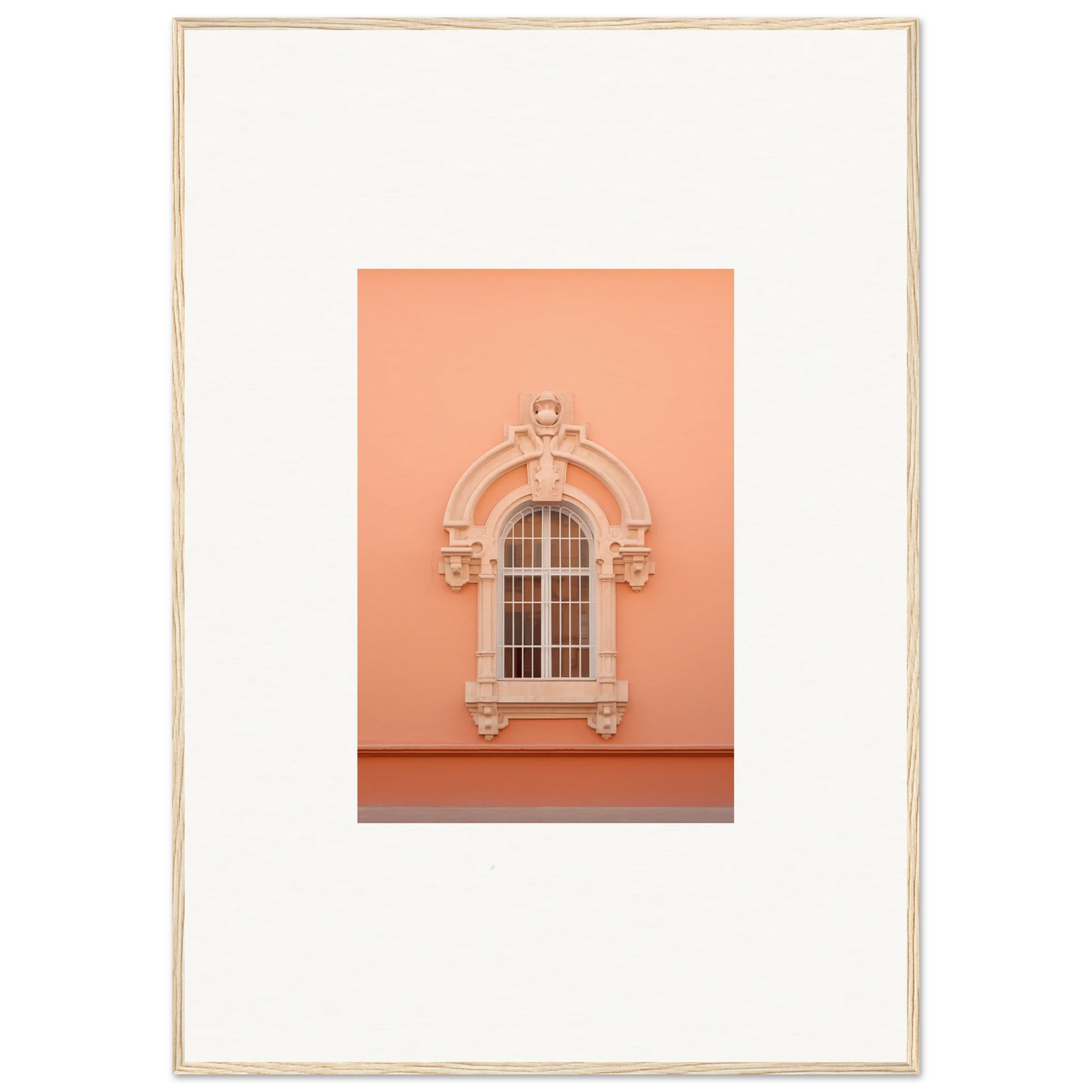 Ornate arched window on peach wall showcasing Opulent Dualities Neoclassical design