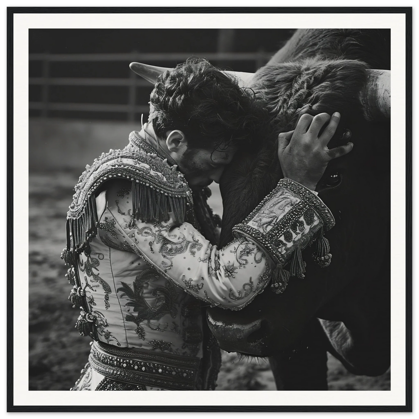 Matador in embroidered jacket embracing a bull for Bullring Reverie Communion art