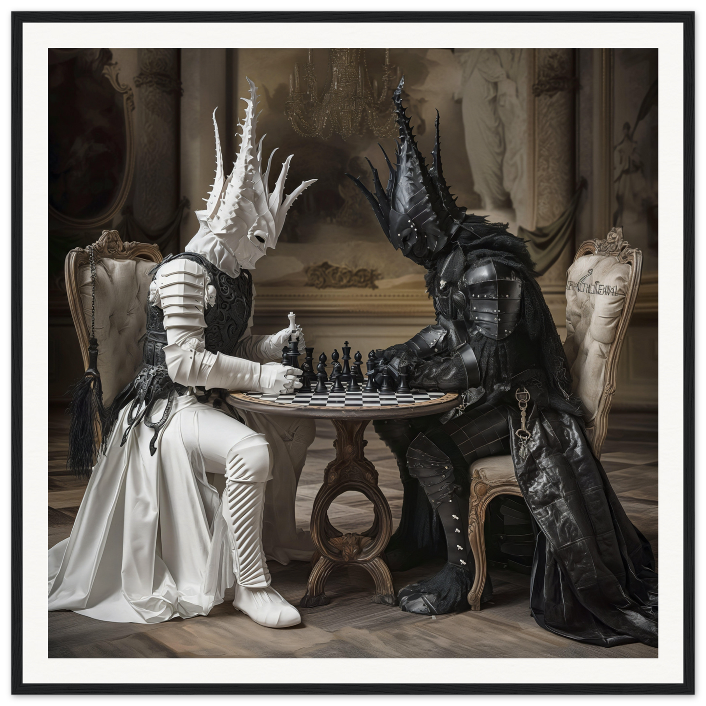 Two fantasy creatures in ornate costumes play chess in Chessmen Mystics’ Duel art