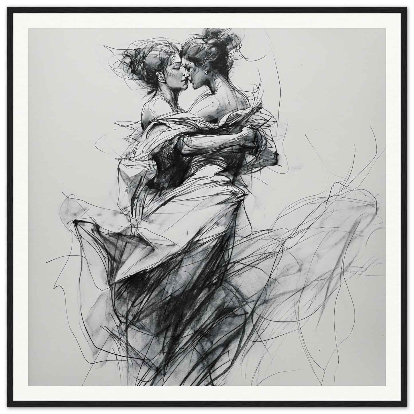 Passionate charcoal sketch of two dancers in an intimate embrace for Fluid Embrace Reverie