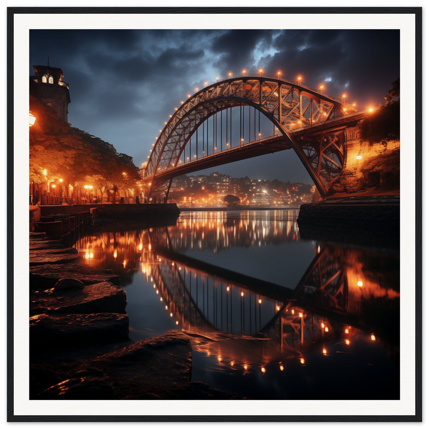 Illuminated arched bridge reflecting in calm water for Lucid Lightways framed bridge art