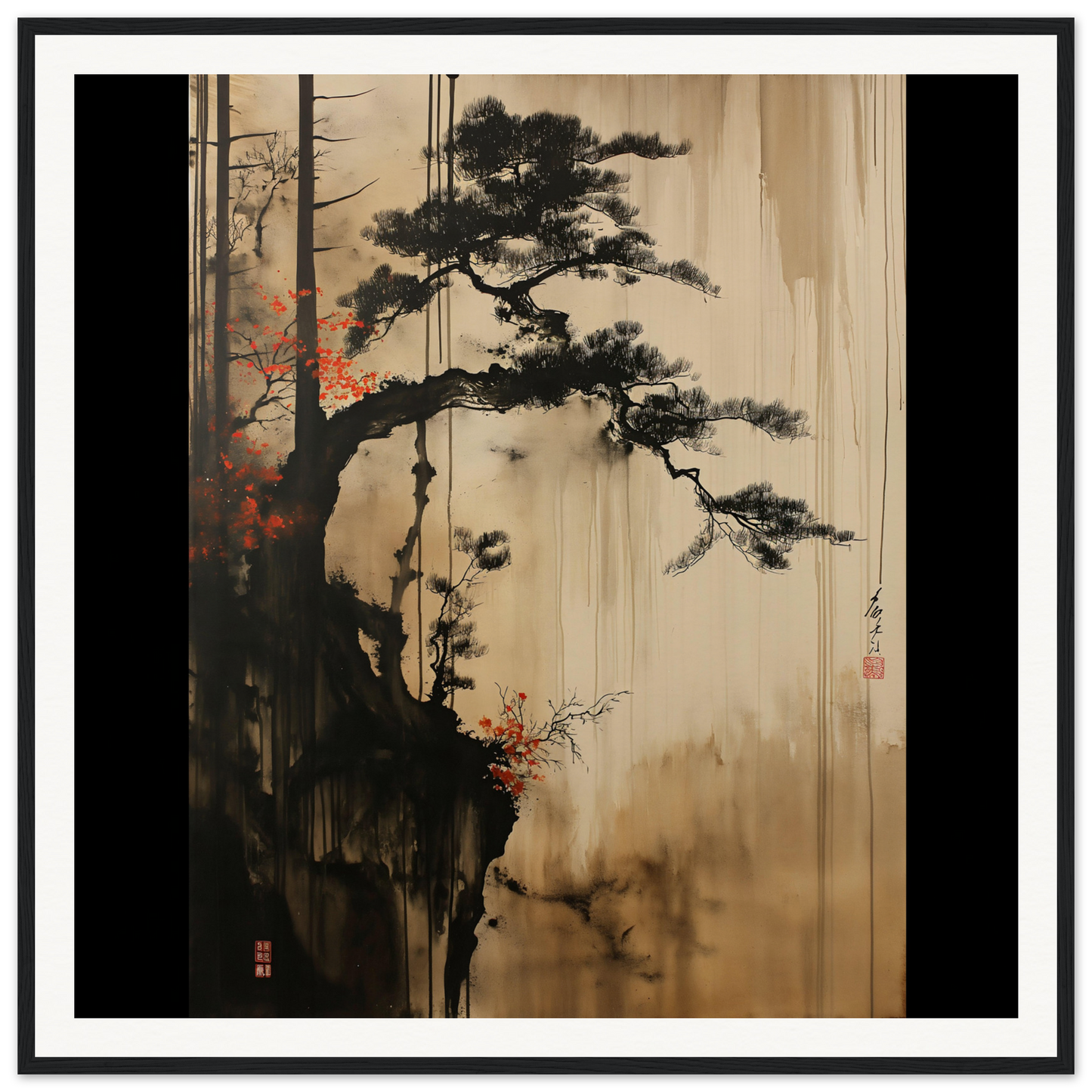 Gnarled pine tree with twisted branches and red blossoms in Luminous Pine Solitude art