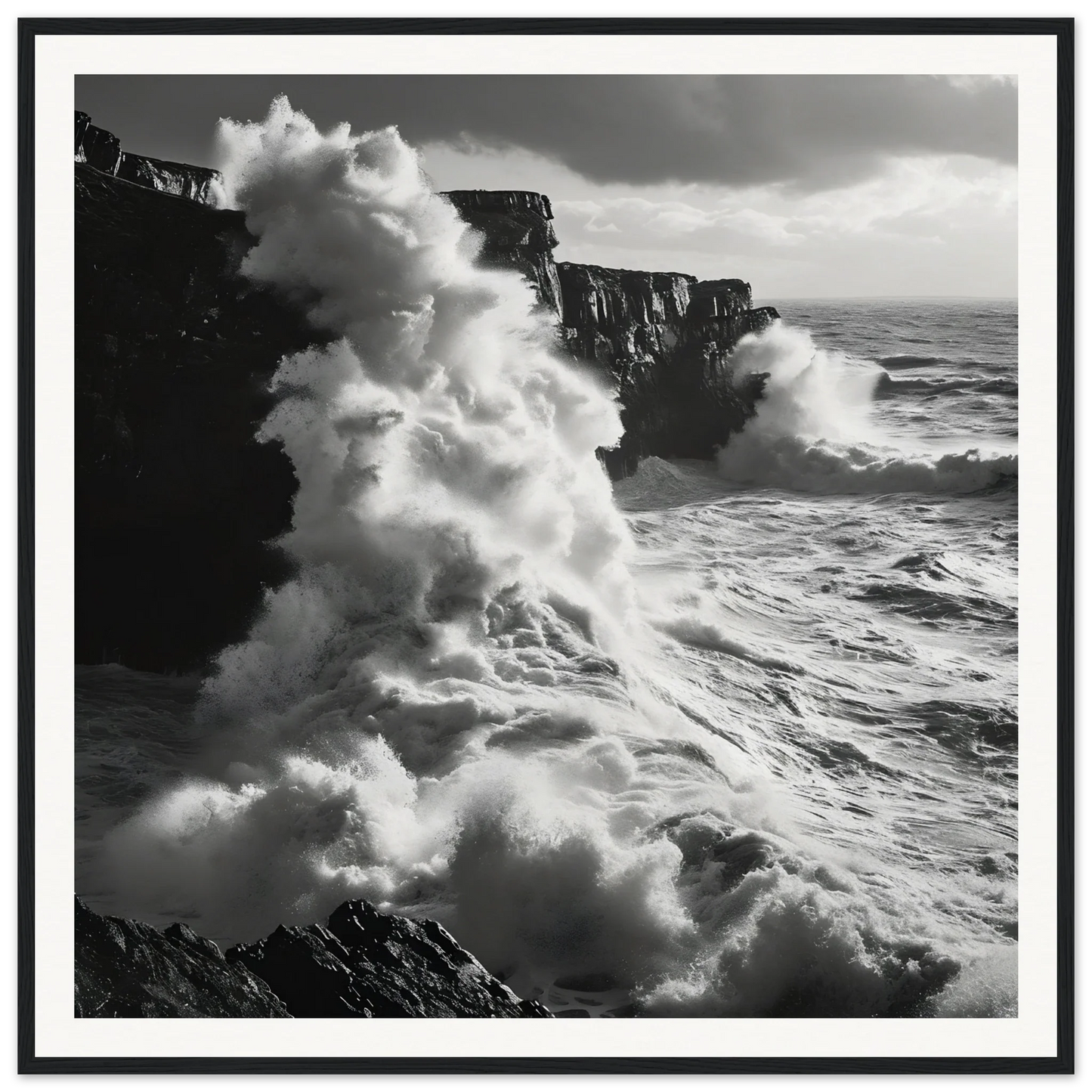 Powerful ocean waves crash against rocky cliffs in Oceanic Thunder Locks framed poster
