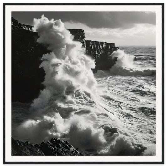 Powerful ocean waves crash against rocky cliffs in Oceanic Thunder Locks framed poster