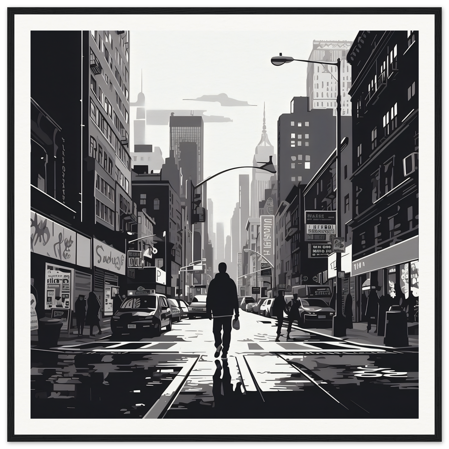 Silhouetted figure walking a city street in Solitude Charms Silhouettes framed poster
