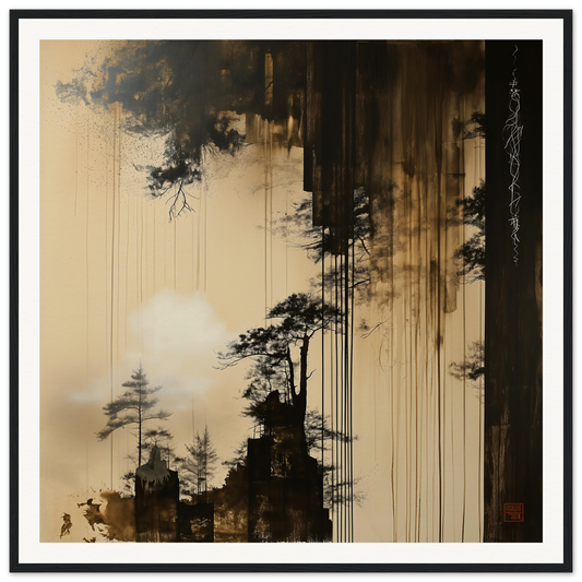 Dark silhouettes of pine trees in Timeless Ink Grove with a sepia-toned sky