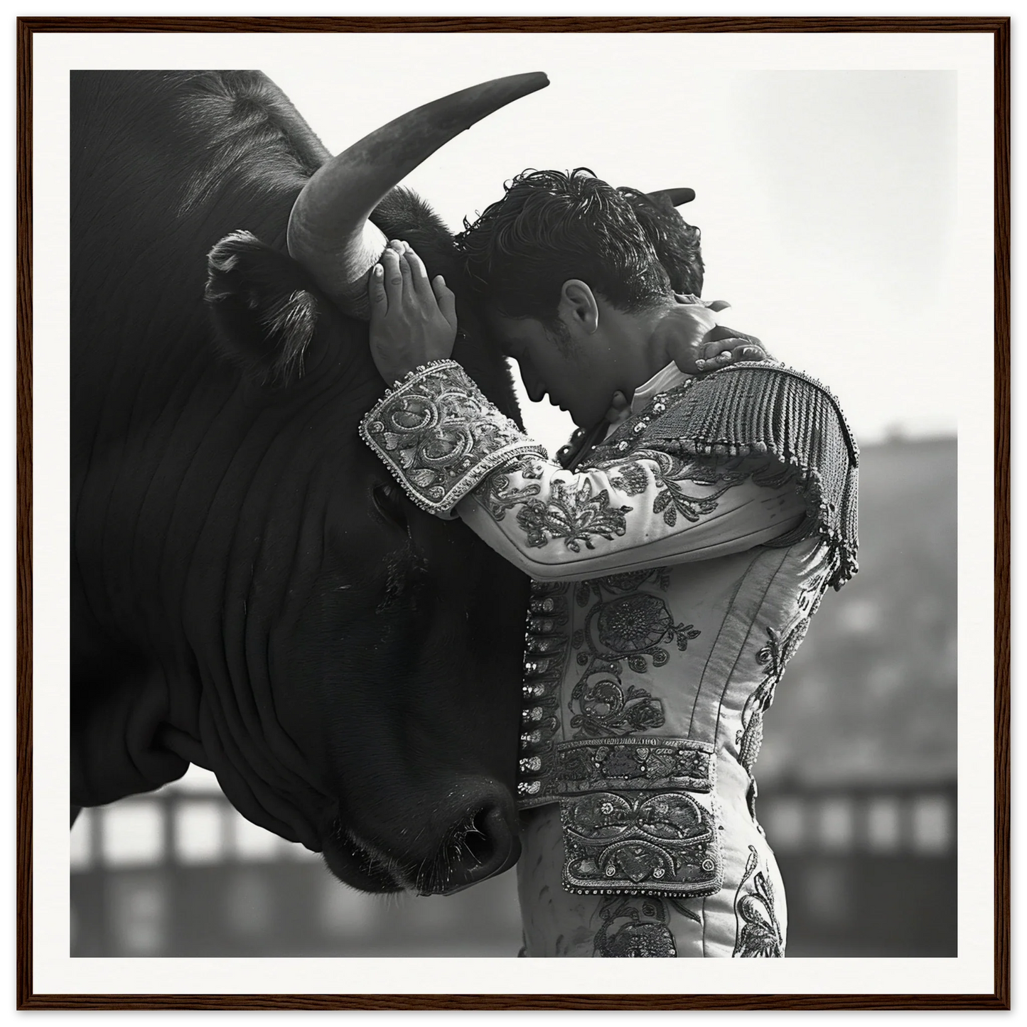 Matador in ornate suit sharing a moment with a bull in Beastly Symbiosis Reverie art