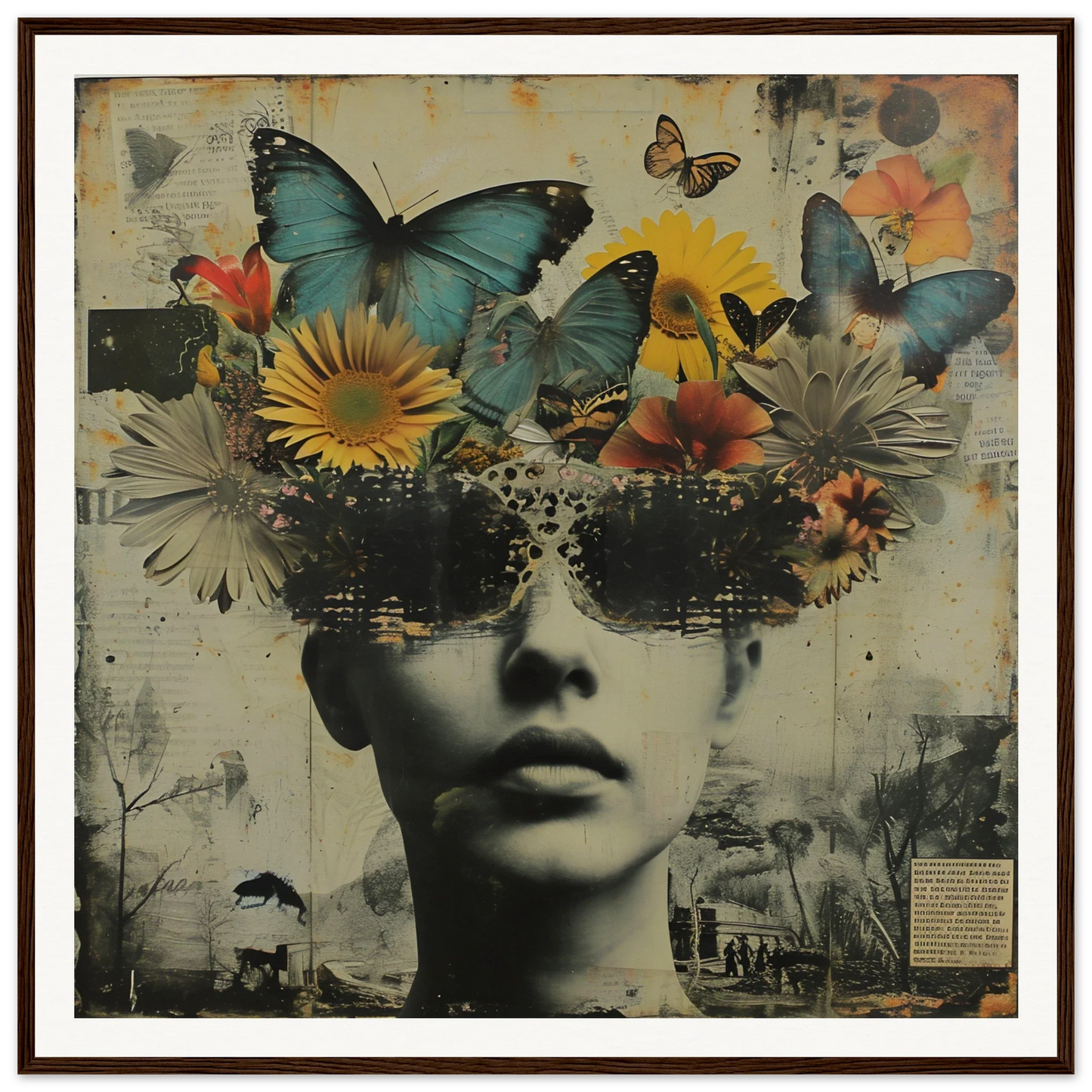 Artistic Butterfly Dream Visage portrait with butterflies and sunflowers in bloom