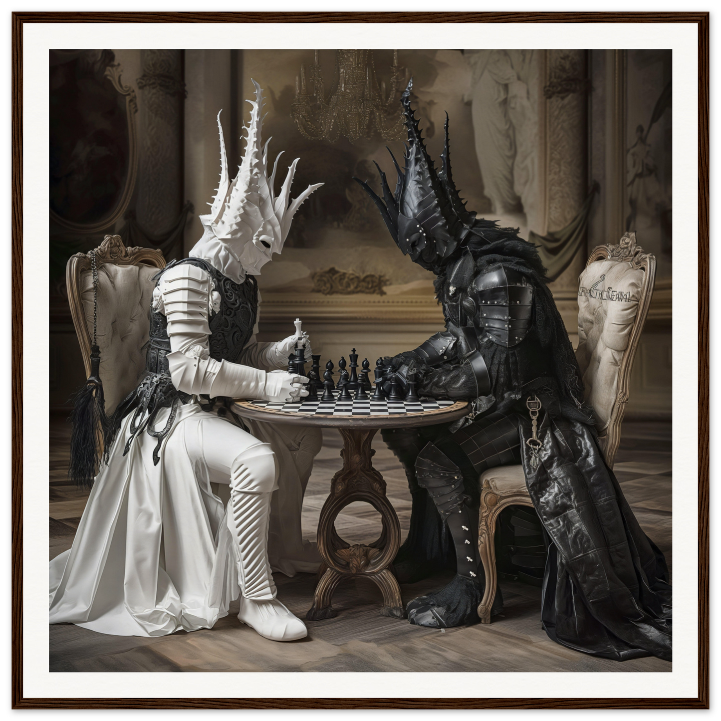 Two fantasy creatures in black and white costumes playing chess at an ornate table in Chessmen Mystics’ Duel