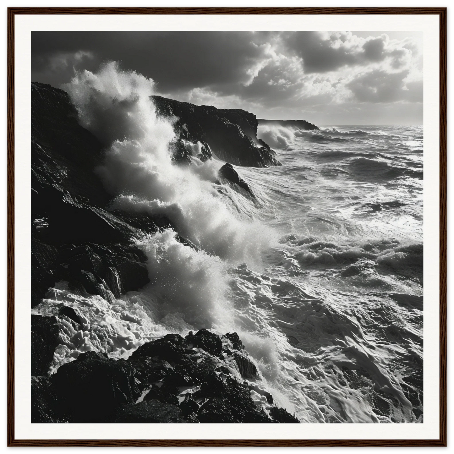 Powerful ocean waves crash on cliffs in Craggy Surf Duel framed special edition art™