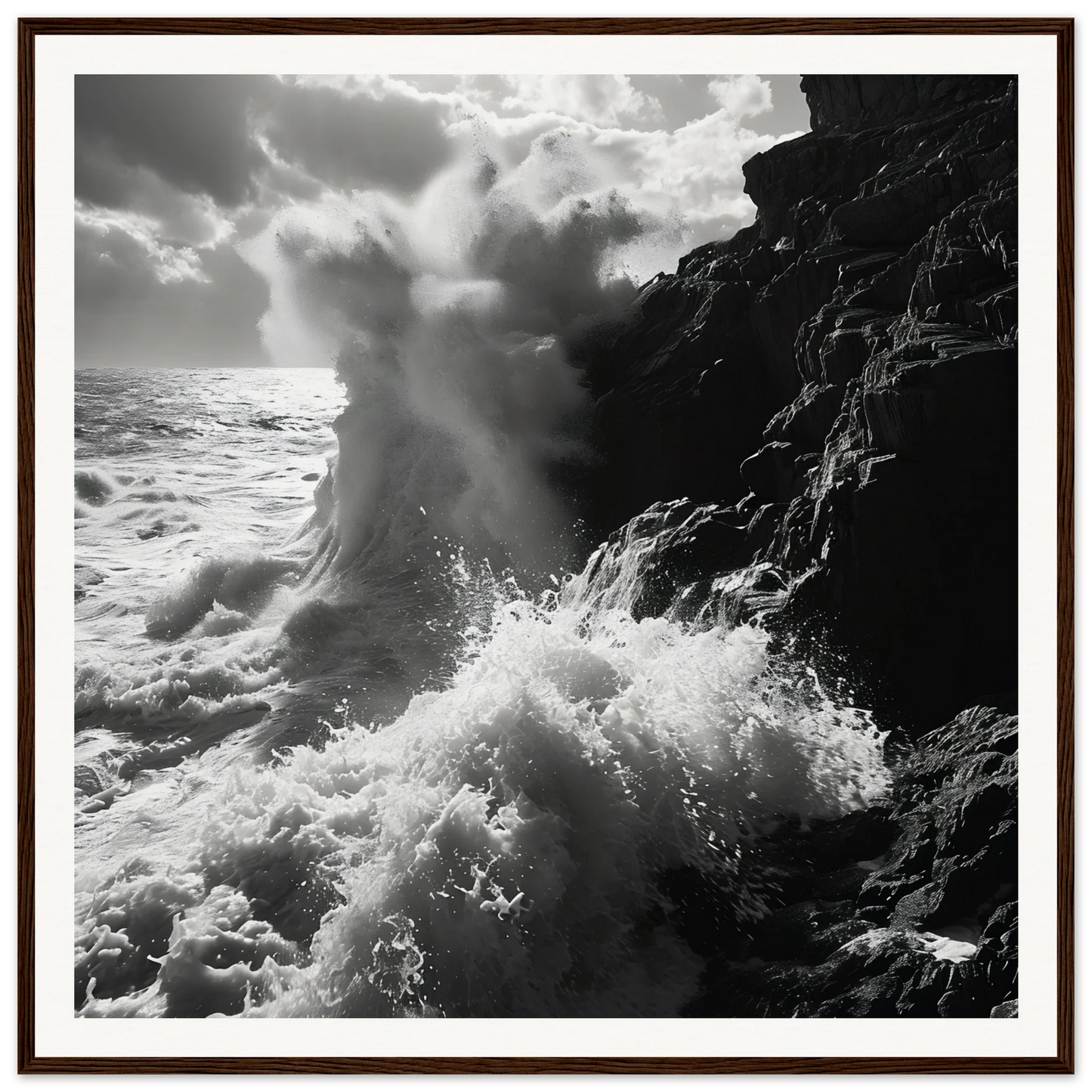 Powerful ocean wave crashing on cliffs in Dance Infernal Embrace special edition art™