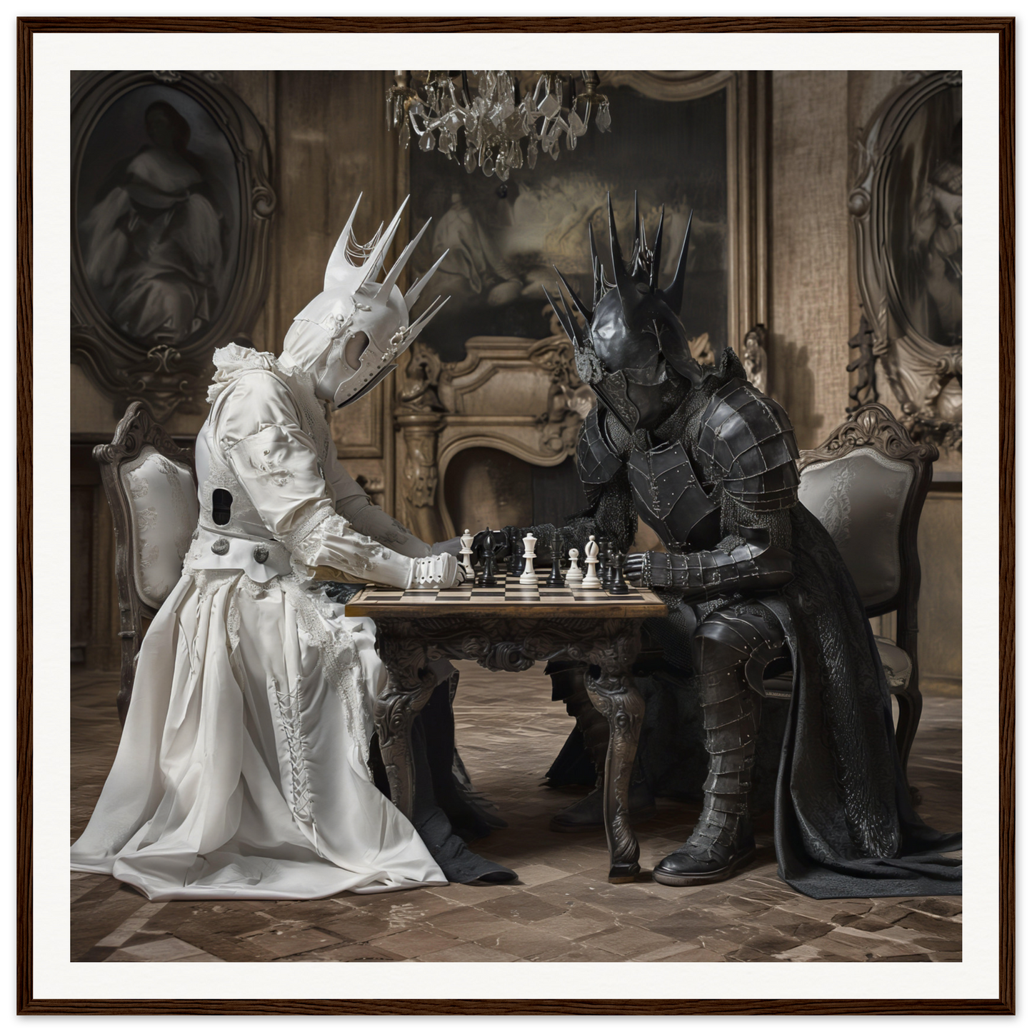 Two armored figures in black and white battling in Eternal Chess Struggle framed poster