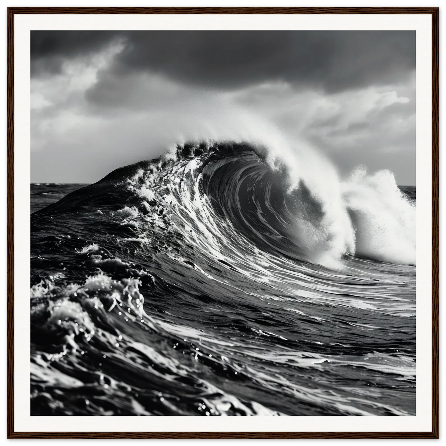 A powerful ocean wave curls in Eternal Liquid Crescendo against dark storm clouds
