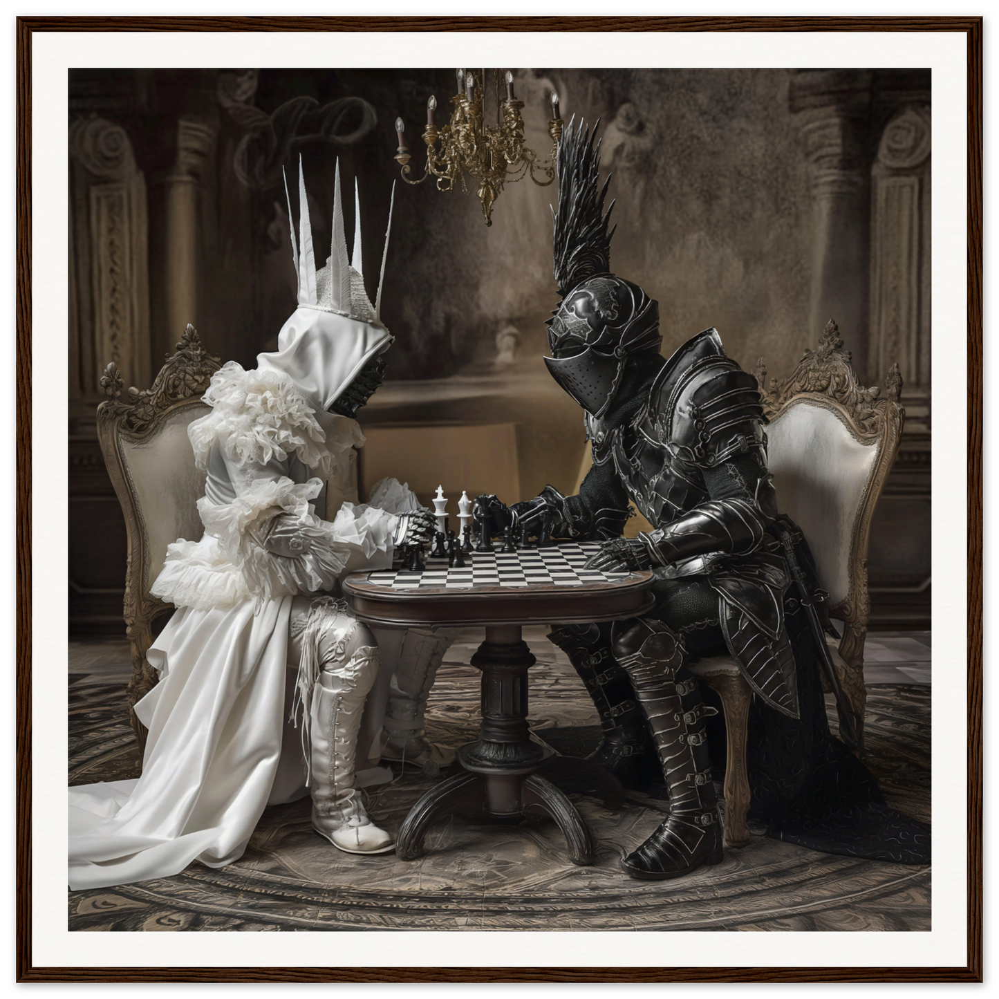Two armored figures engaged in an Eternal Mind Duel at a round chess table