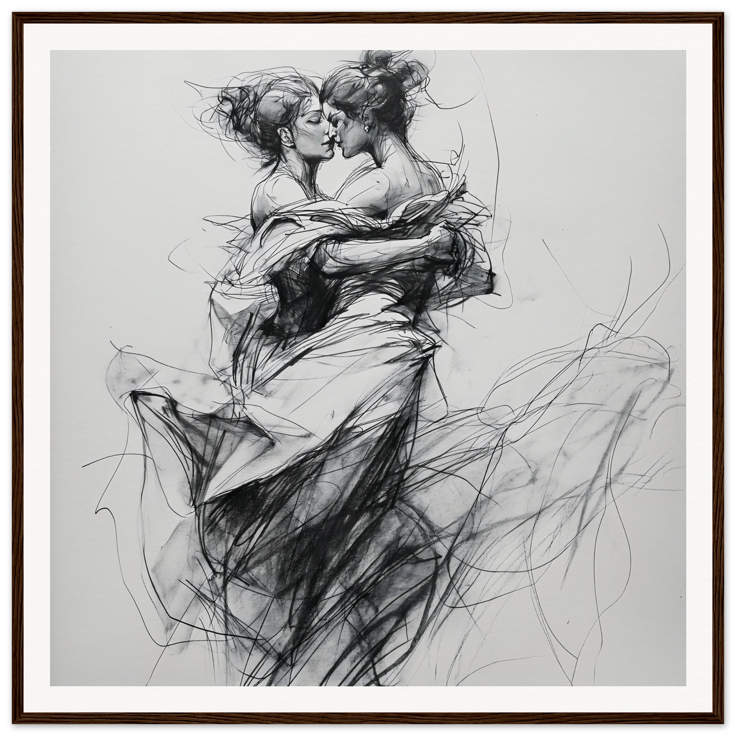 Passionate charcoal sketch of dancers in embrace, featured in Fluid Embrace Reverie