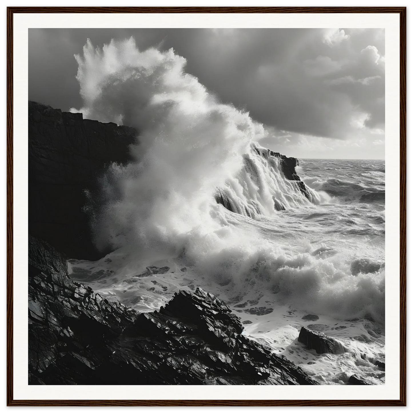 Ocean wave crashing on cliffs in Foamy Abyss Wails special edition art™