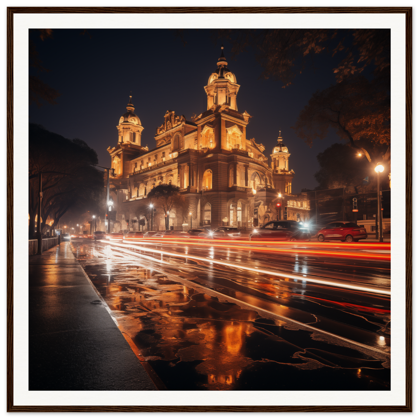 Illuminated baroque cathedral towers glowing gold in Gilded Night Dance special edition art™
