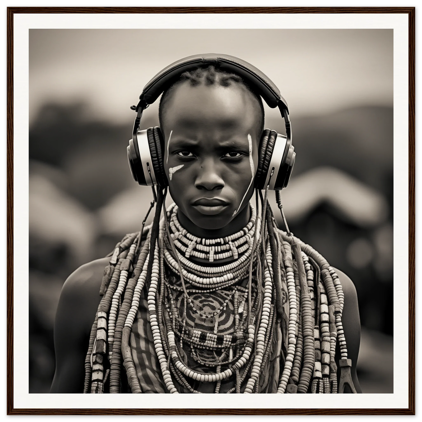 Modern headphones and traditional African jewelry in Headphones & Heritage artwork
