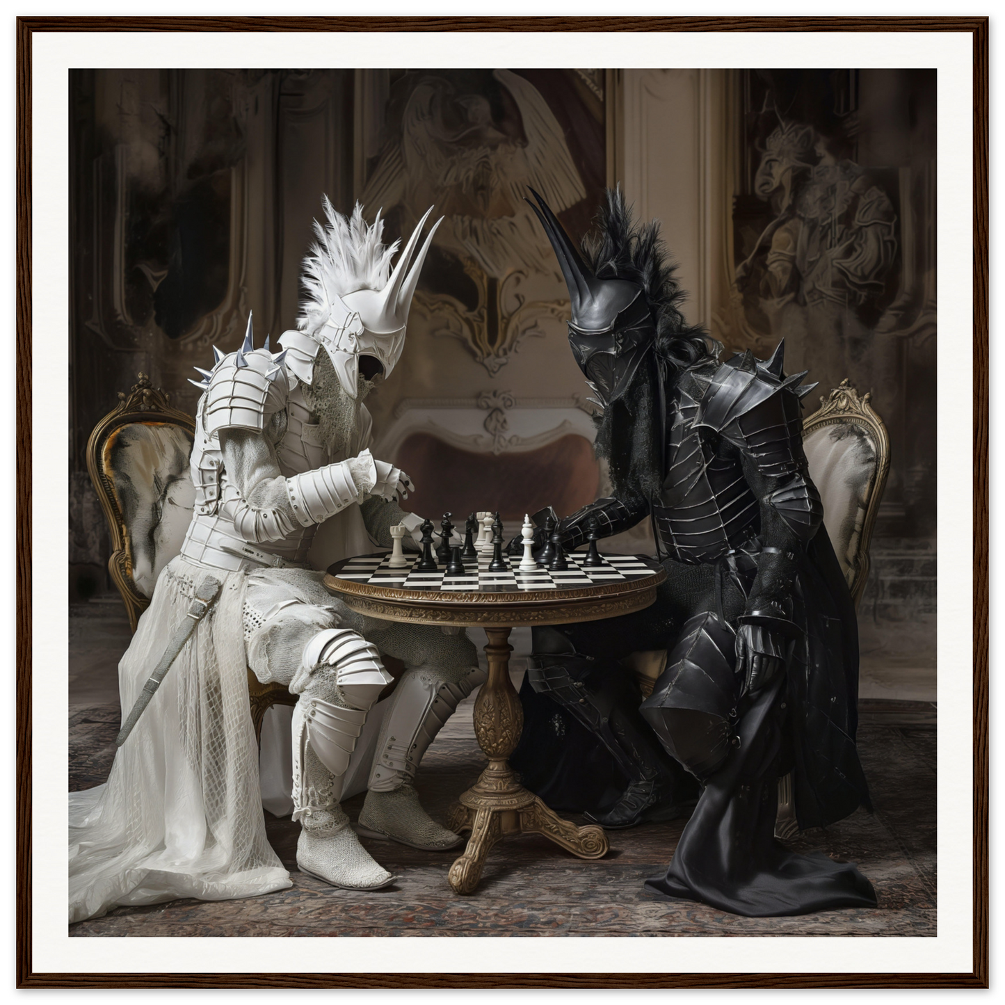 Two armored figures in black and white play chess in Iron Clash Atlas special edition art
